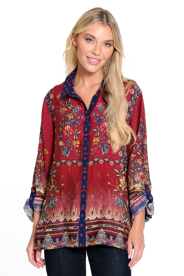 Printed Button Front Tunic  - Petite - Spice Print