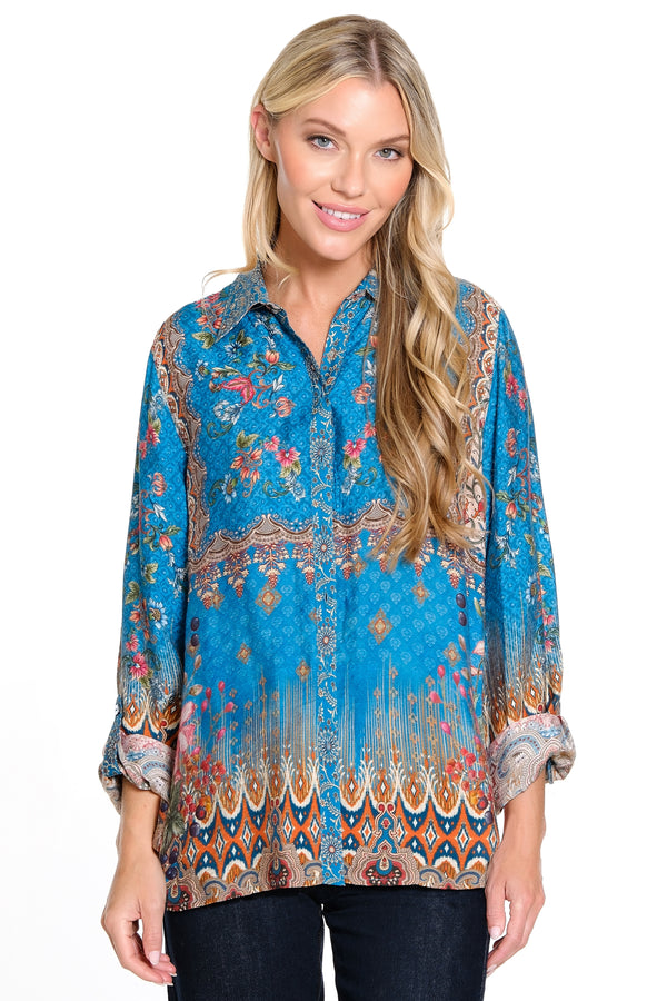 Printed Button Front Tunic  - Petite - Teal Print