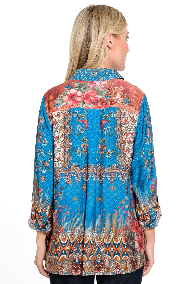 Printed Button Front Tunic  - Teal Print