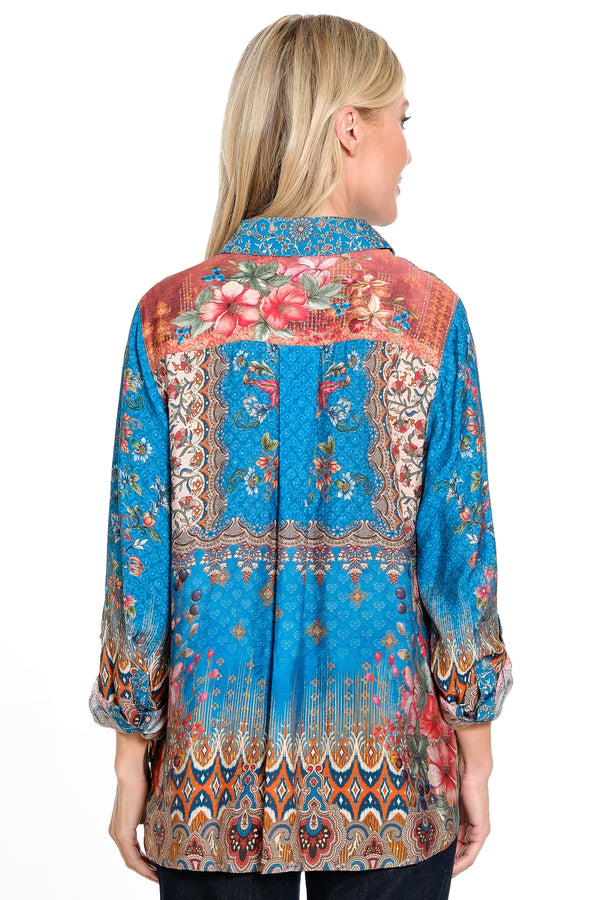 Printed Button Front Tunic  - Petite - Teal Print