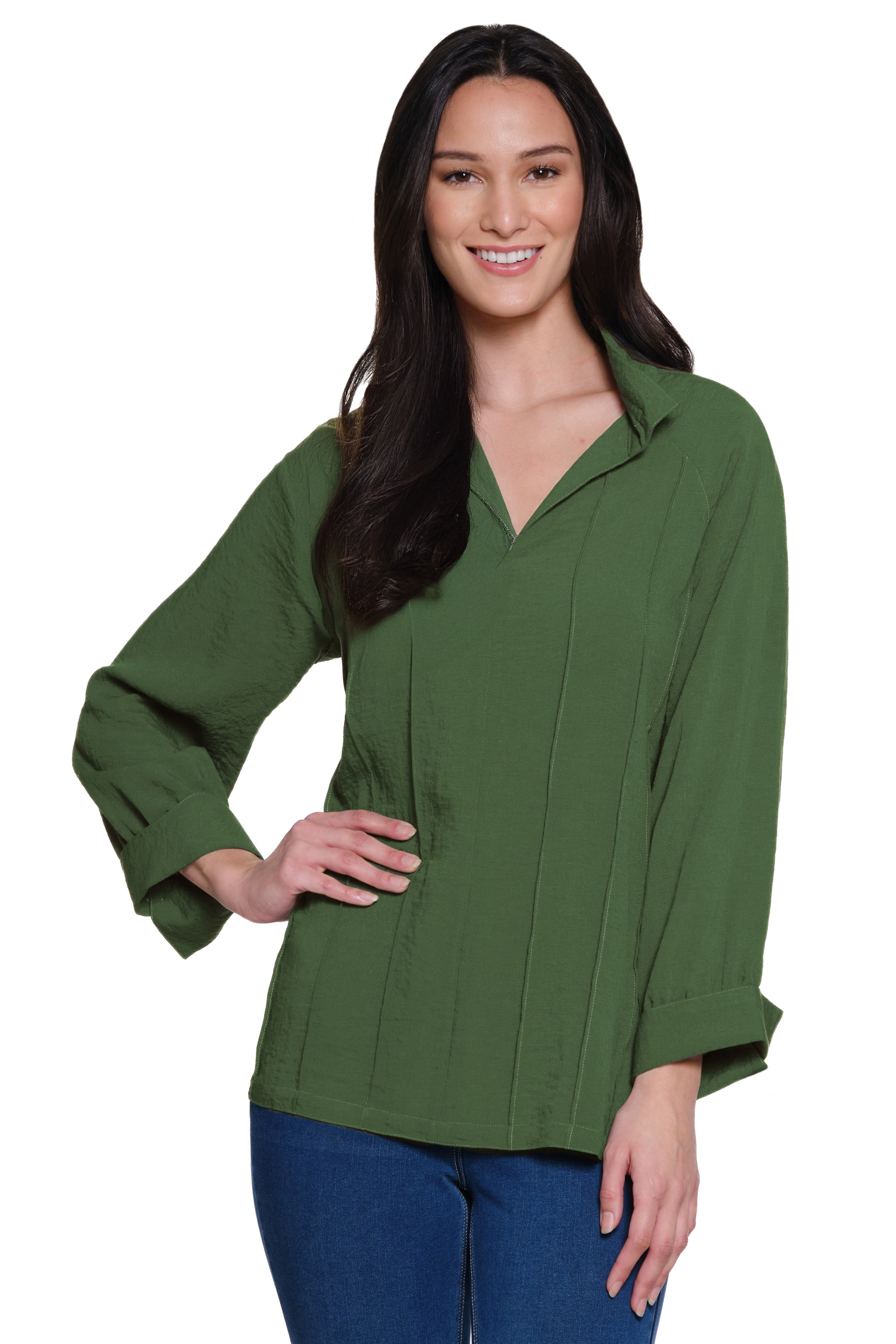 Split Neck Top with Pintuck Detail - Plus - Dark Olive