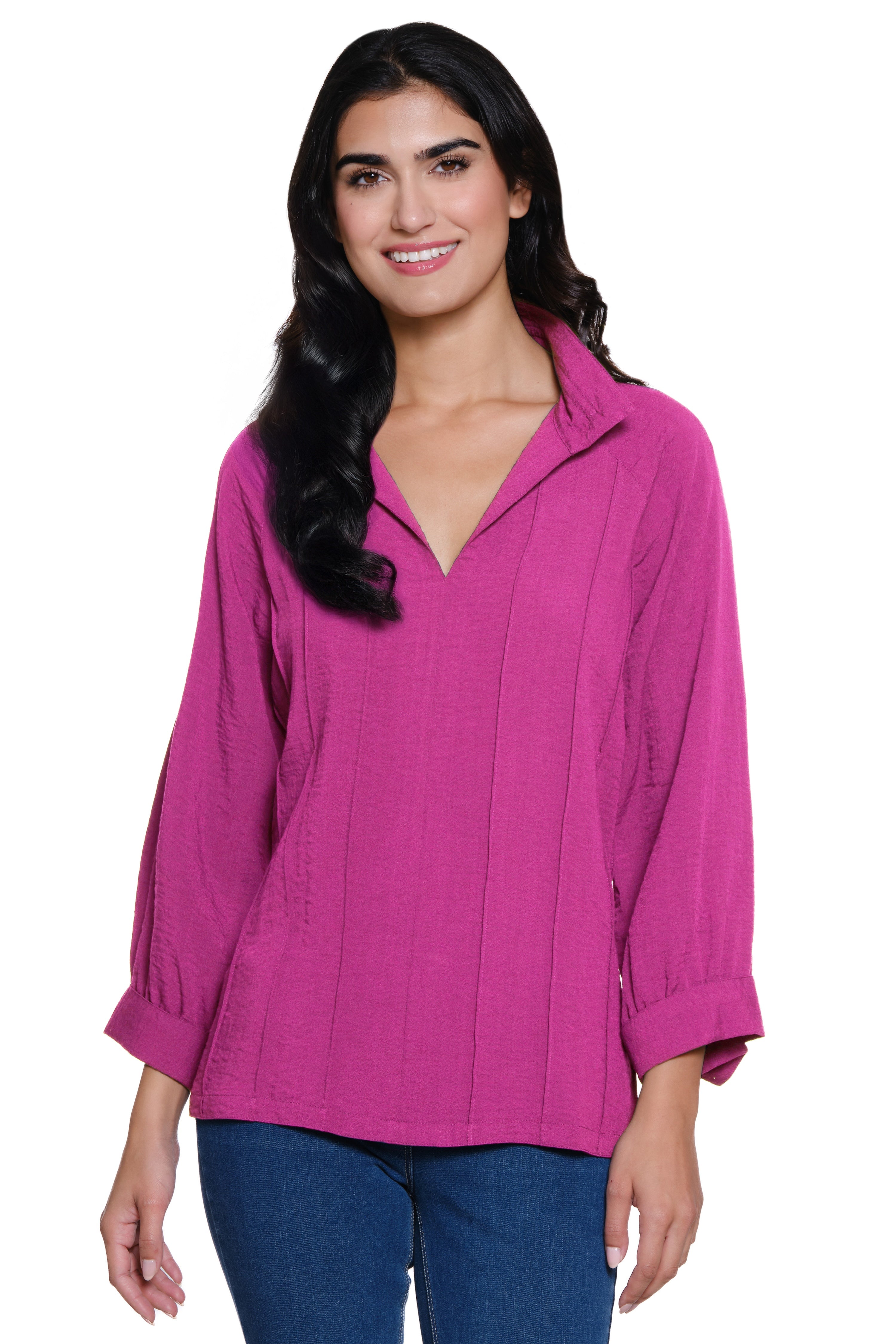 Split Neck Top with Pintuck Detail - Orchid