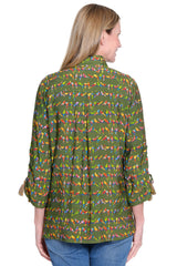 Novelty Print Top with Cinch Tie Sleeves - Plus - Dark Olive