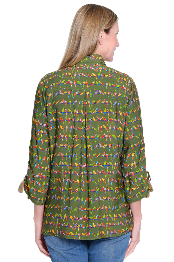 Novelty Print Top with Cinch Tie Sleeves - Petite - Dark Olive