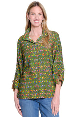 Novelty Print Top with Cinch Tie Sleeves - Plus - Dark Olive