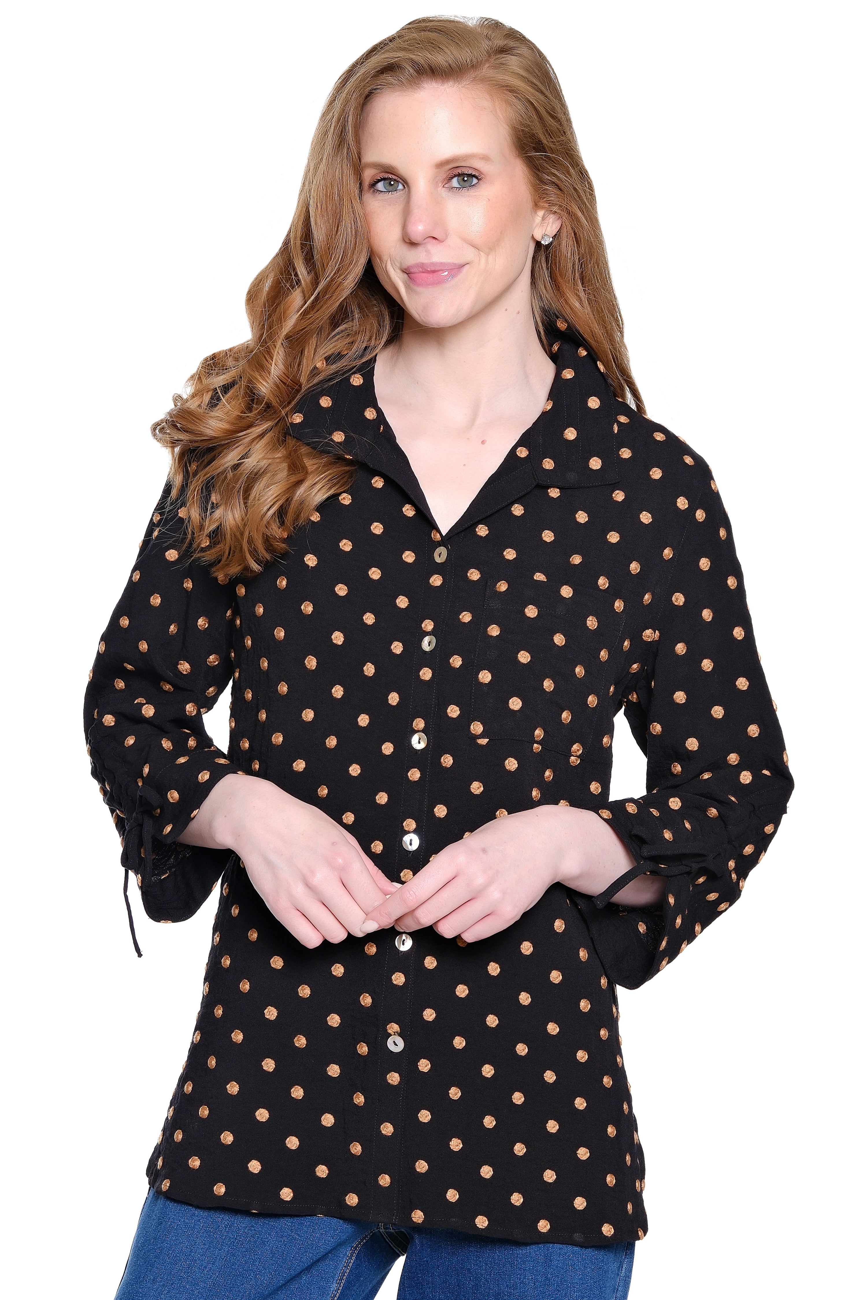Embroidered Dot Button Up - Petite - Black