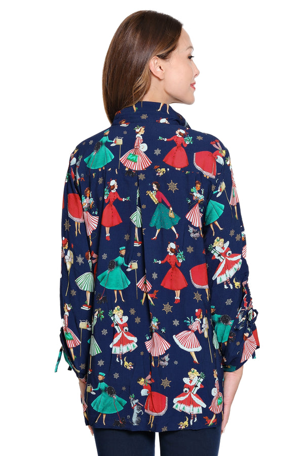 Novelty Print Button Front Top - Navy