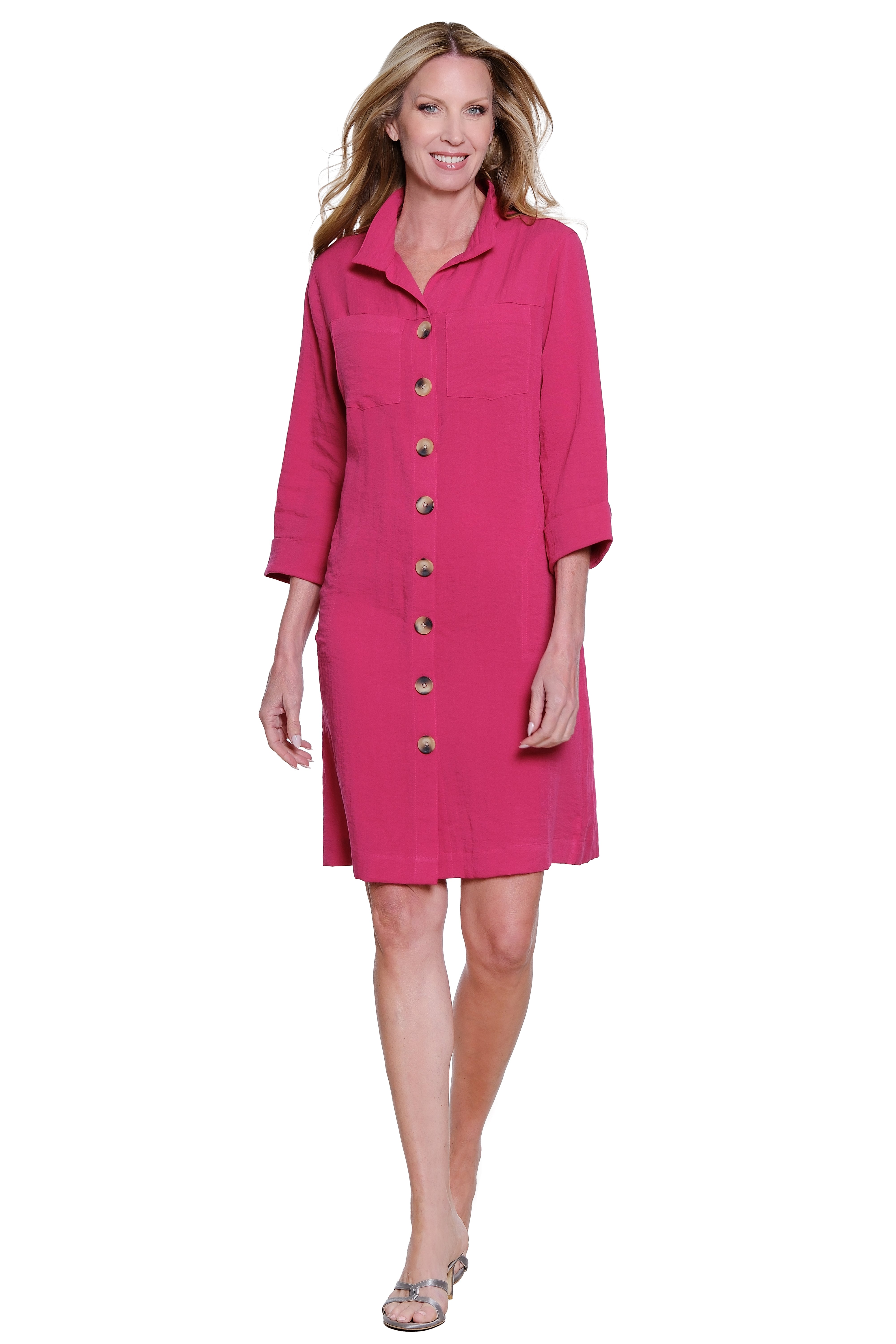 Solid Button Front Dress with Wire Collar - Wild Berry