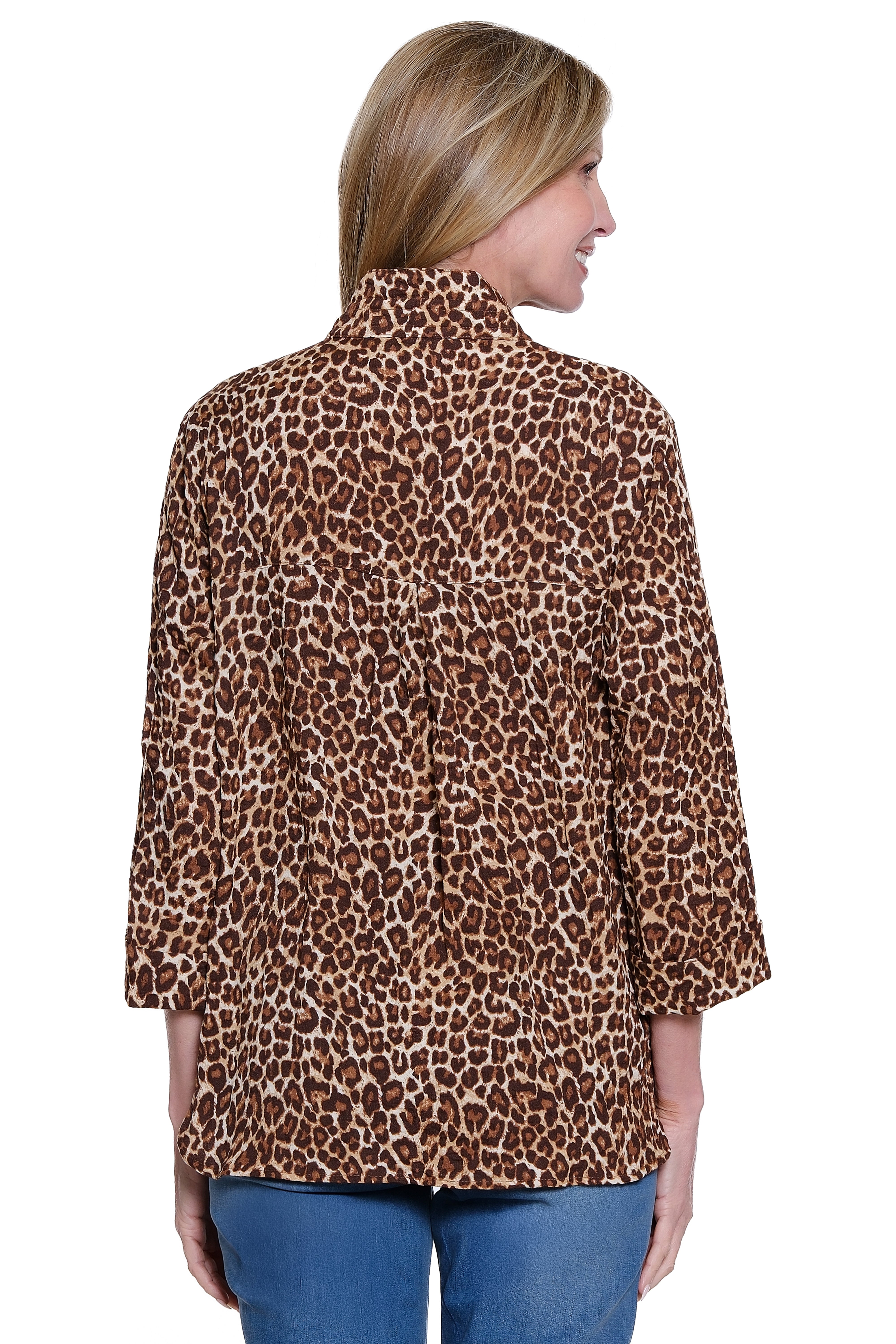 Print Button Down Blouse with 3/4 Sleeves - Plus - Cheetah