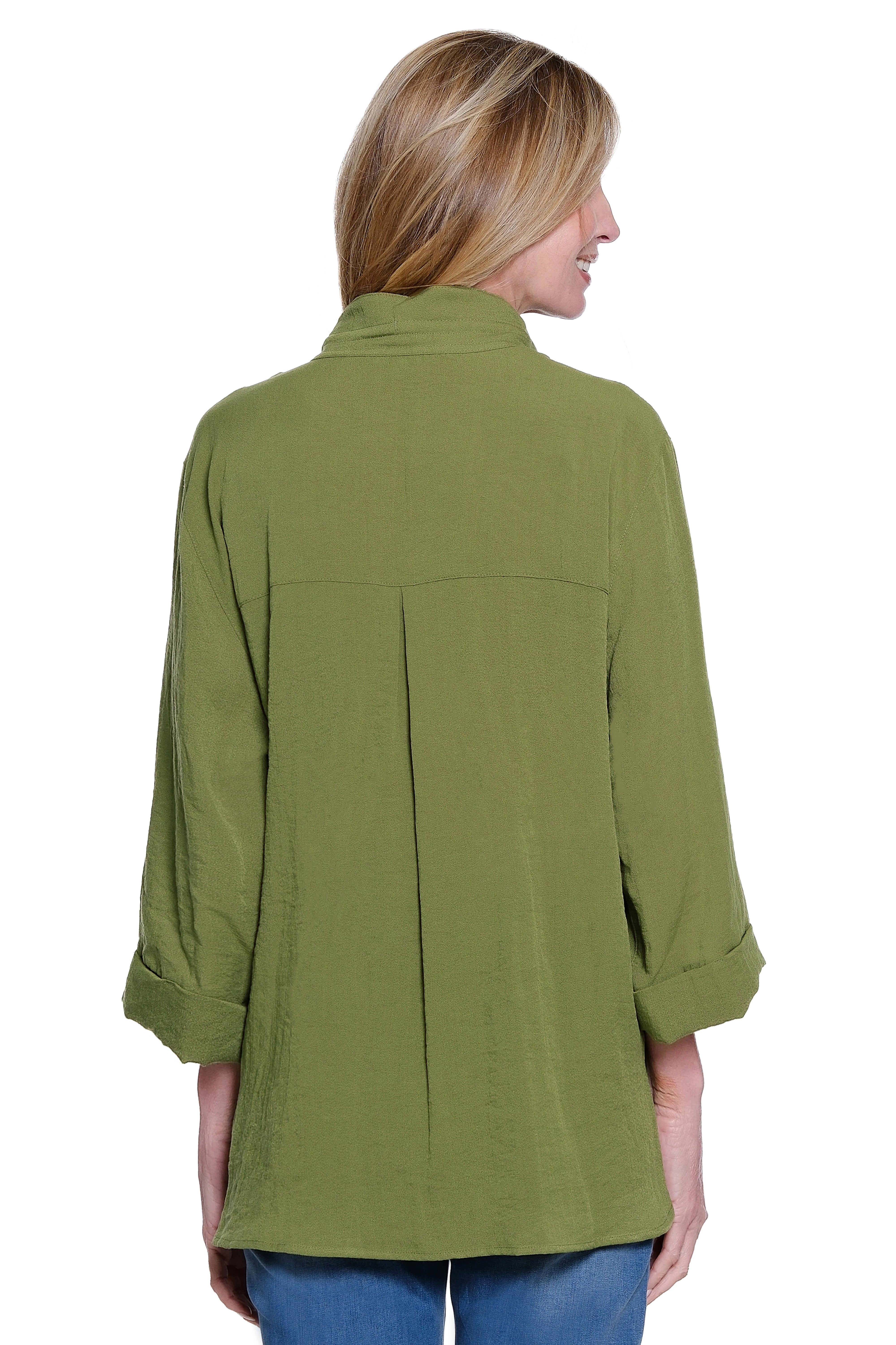 Solid Button Down Blouse with Wire Collar - Olive
