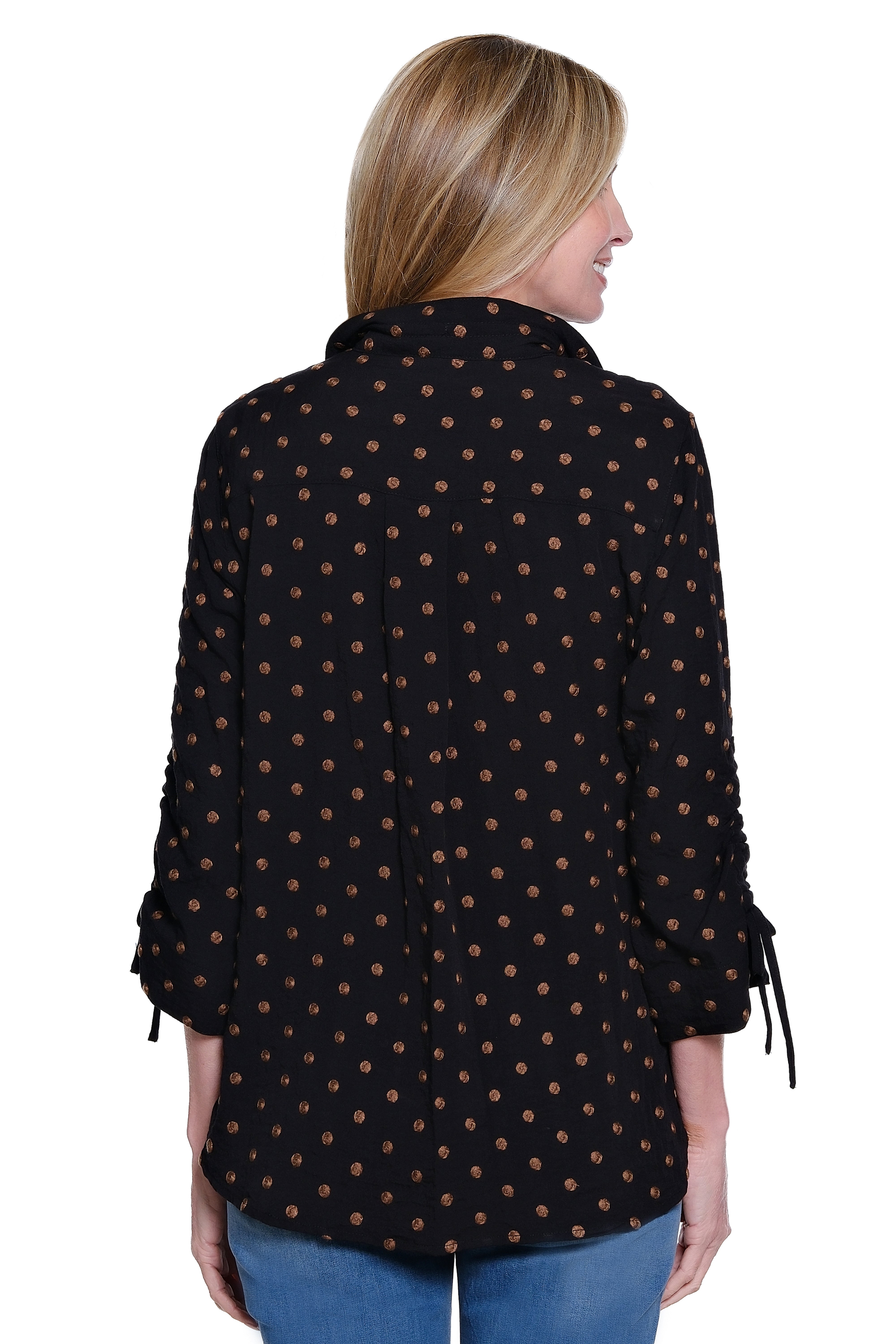 Embroidered Dot Button Front Blouse with Cinch Sleeves - Black