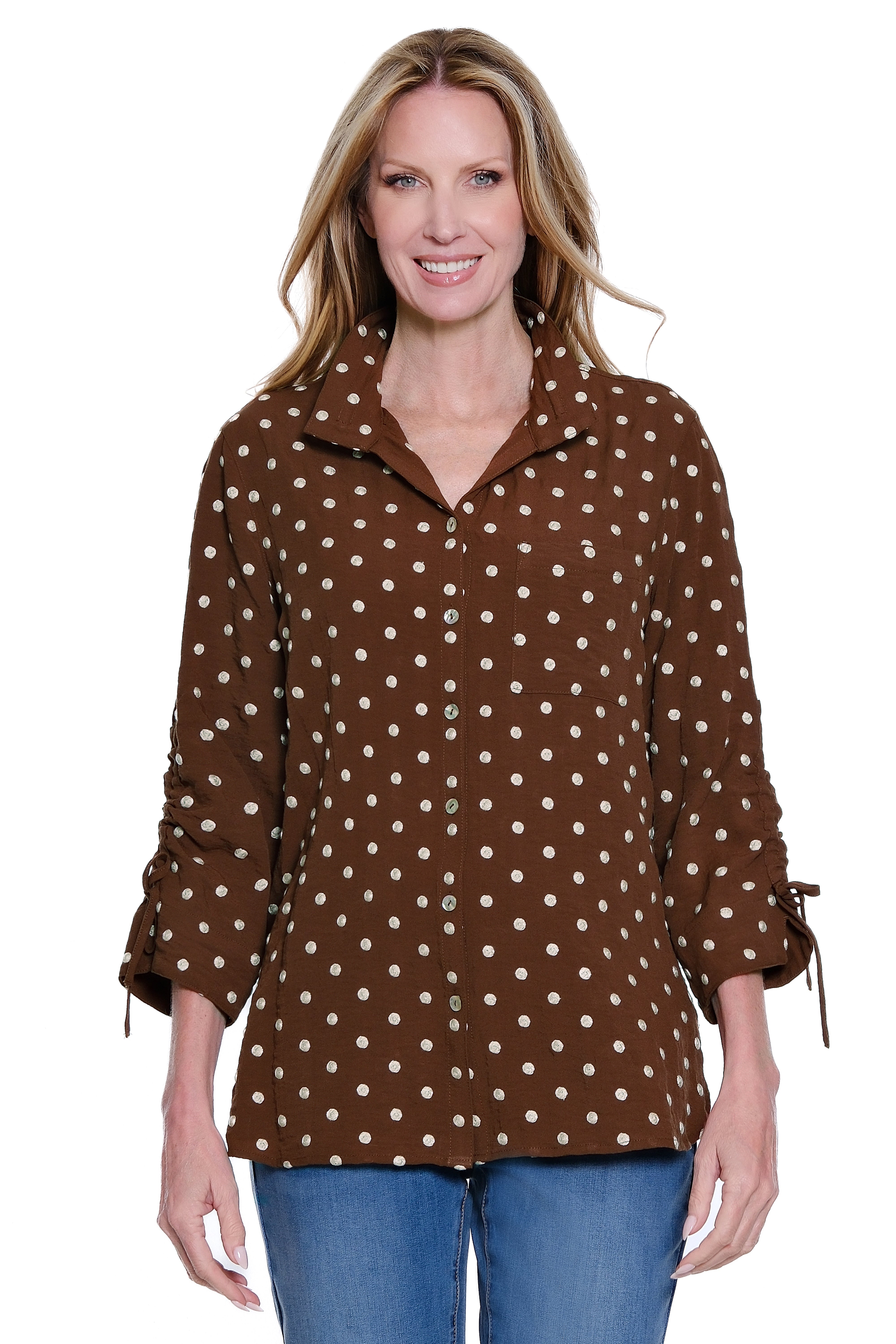 Embroidered Dot Button Front Blouse with Cinch Sleeves - Chocolate