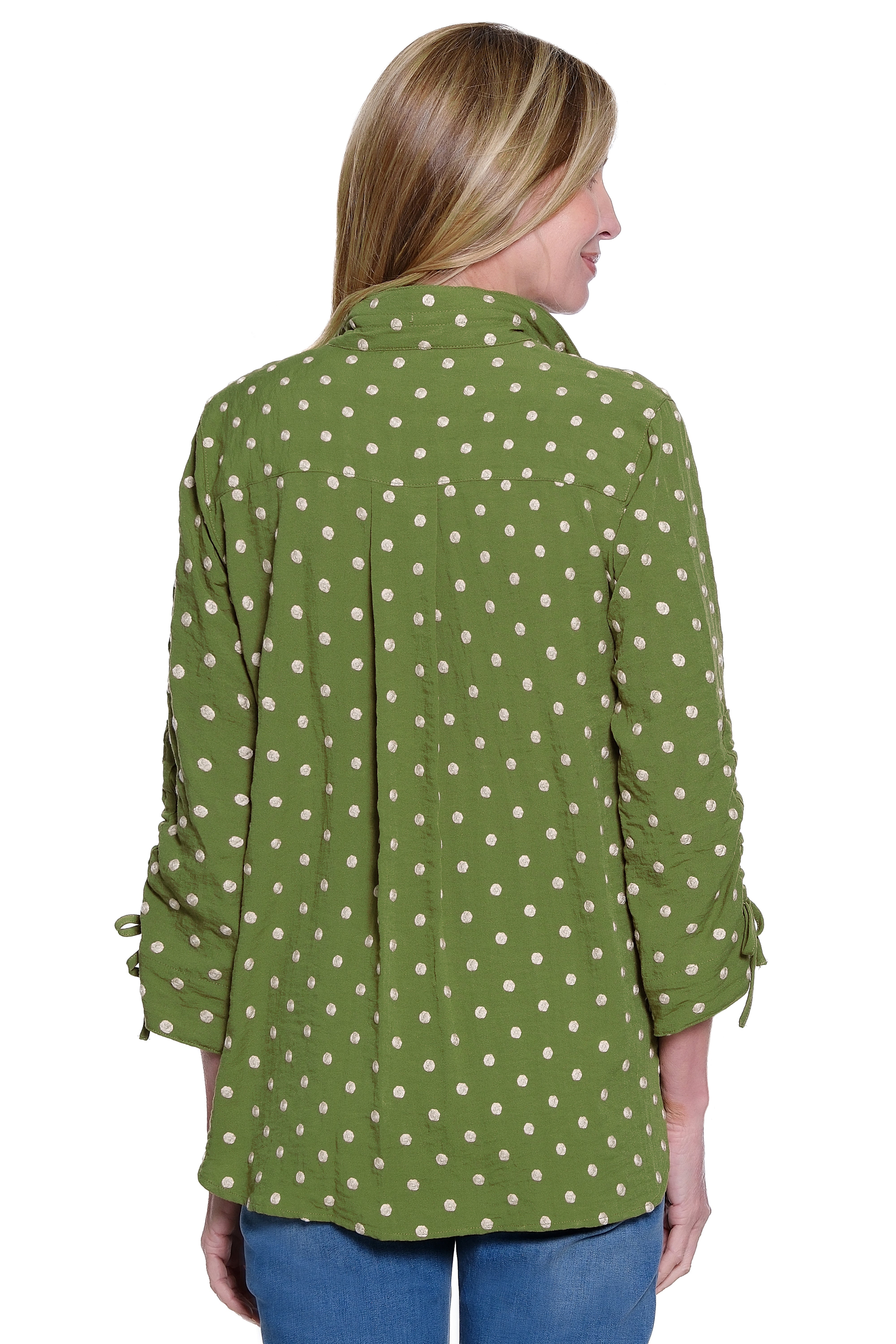 Embroidered Dot Button Front Blouse with Cinch Sleeves - Olive