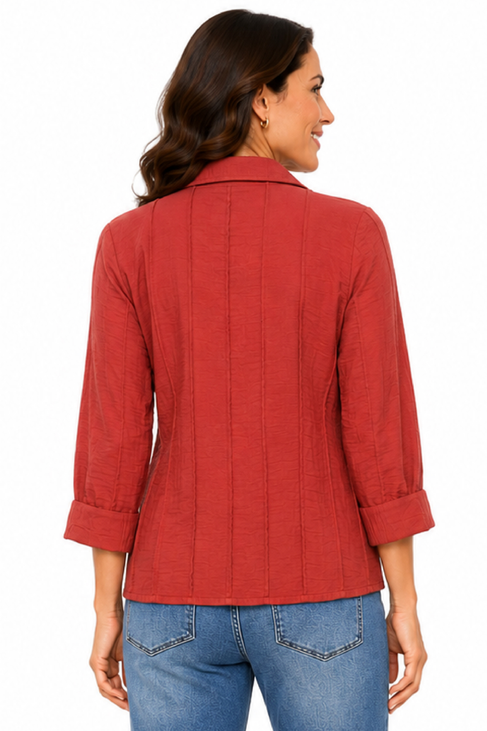 Rustic Orange Woven Solid Wire Collar 3/4 Sleeve Popover w/ Button Detail - Missy