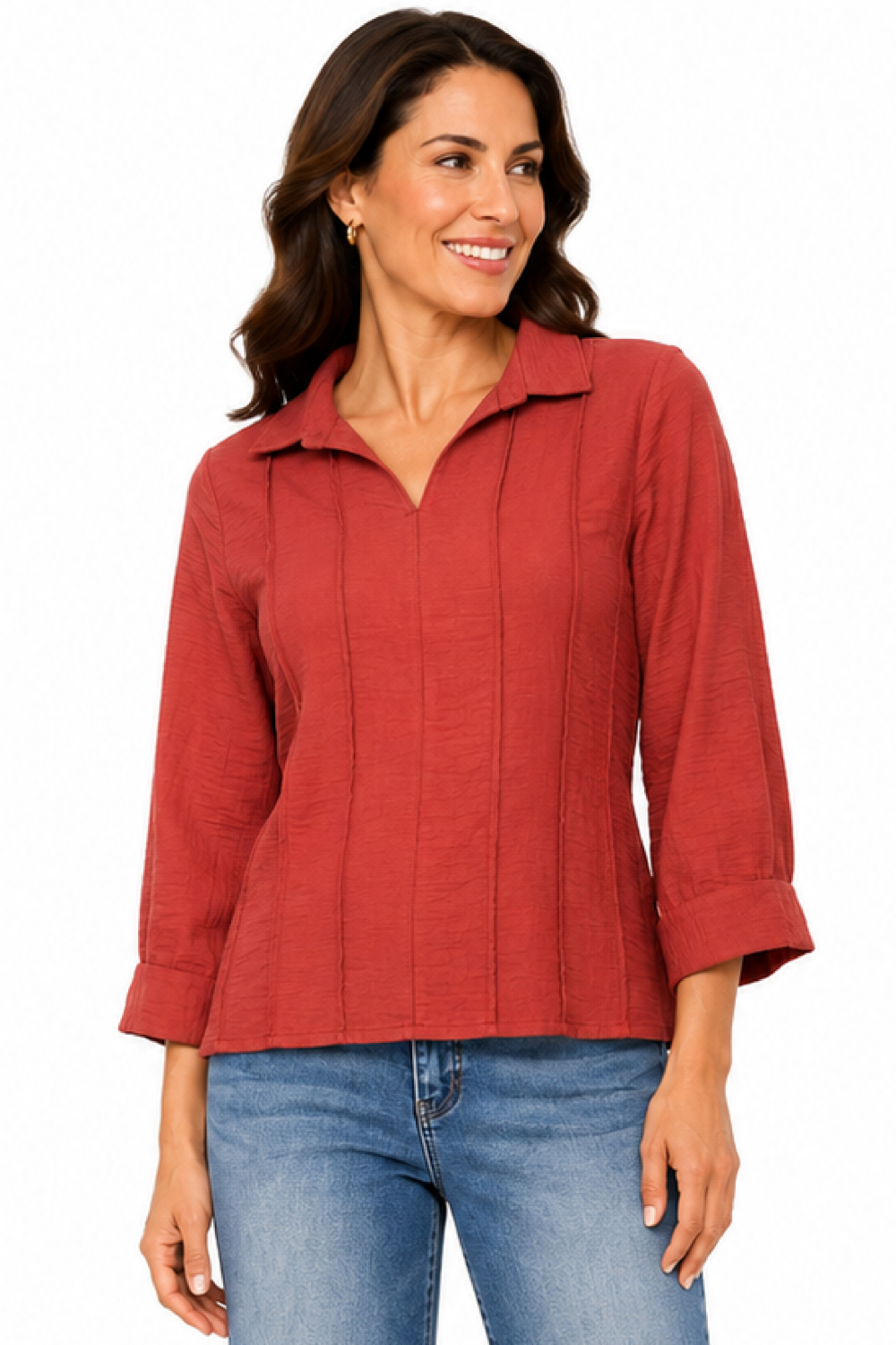 Rustic Orange Woven Solid Wire Collar 3/4 Sleeve Popover w/ Button Detail - Missy