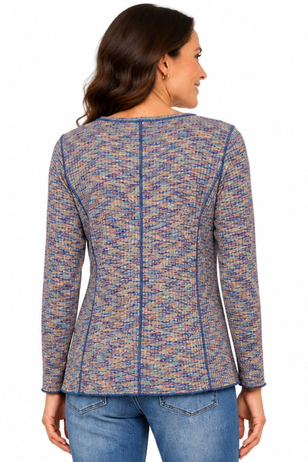Blue/Multi Space Dyed Knit Round Neck L/S Top w/ Seaming Detail - Missy
