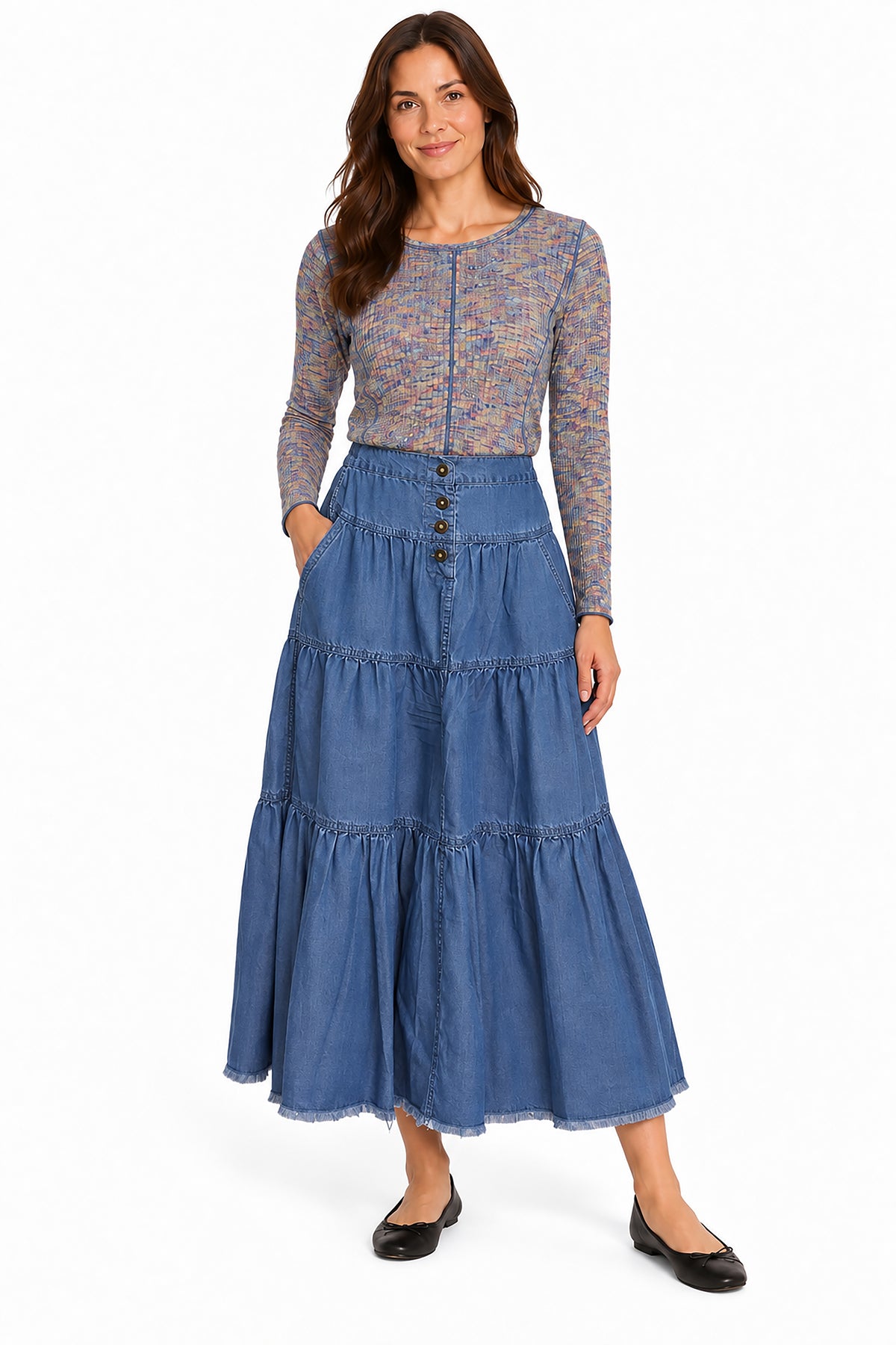 Denim Woven Denim Button Front Tiered Skirt w/ Elastic Back