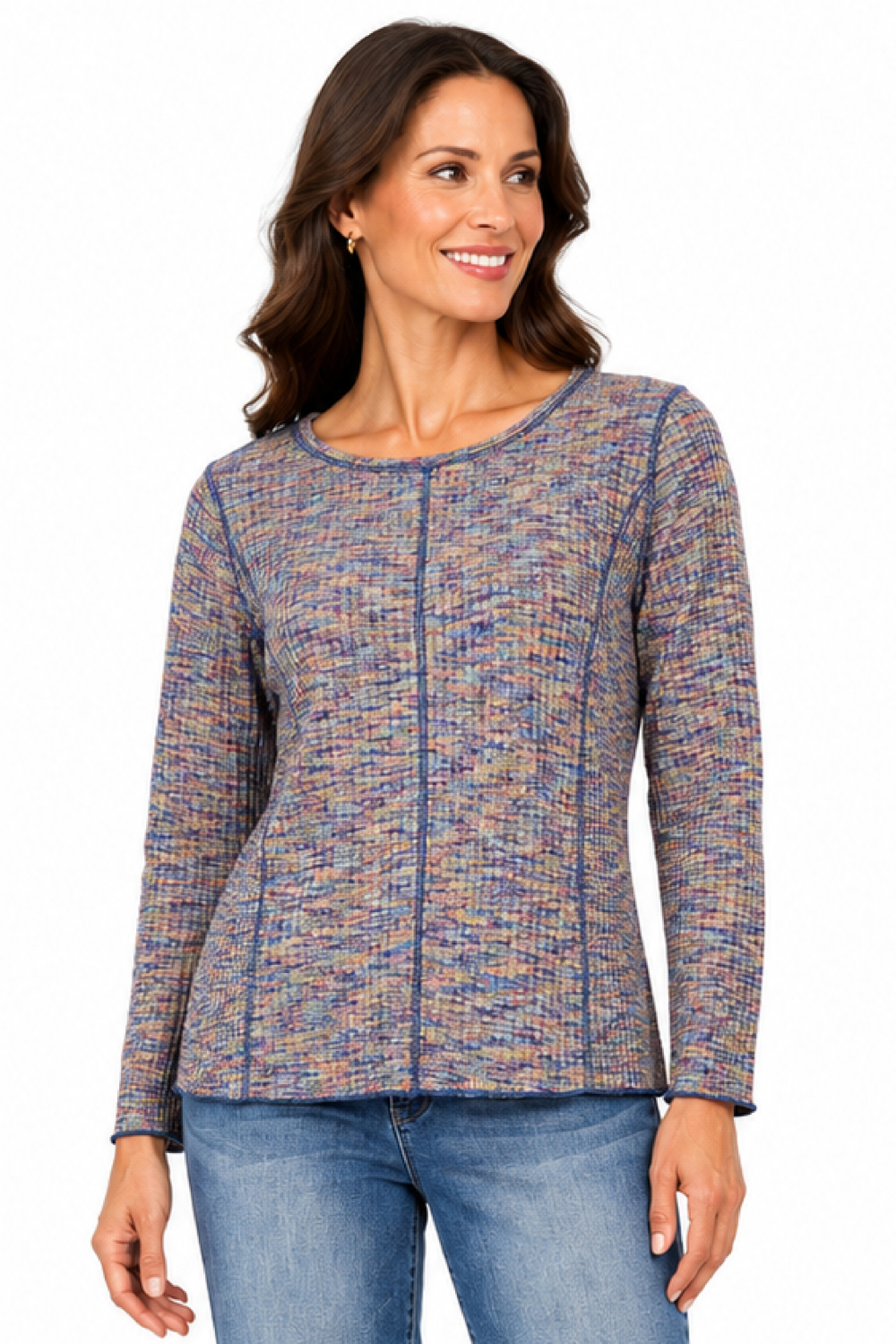 Blue/Multi Space Dyed Knit Round Neck L/S Top w/ Seaming Detail - Missy