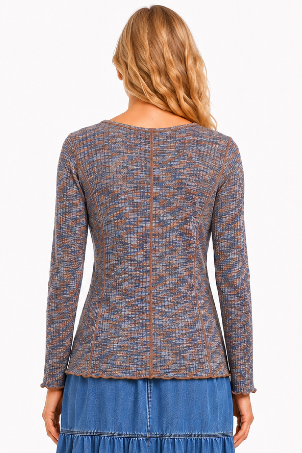Multi Space Dyed Knit Round Neck L/S Top w/ Seaming Detail - Missy