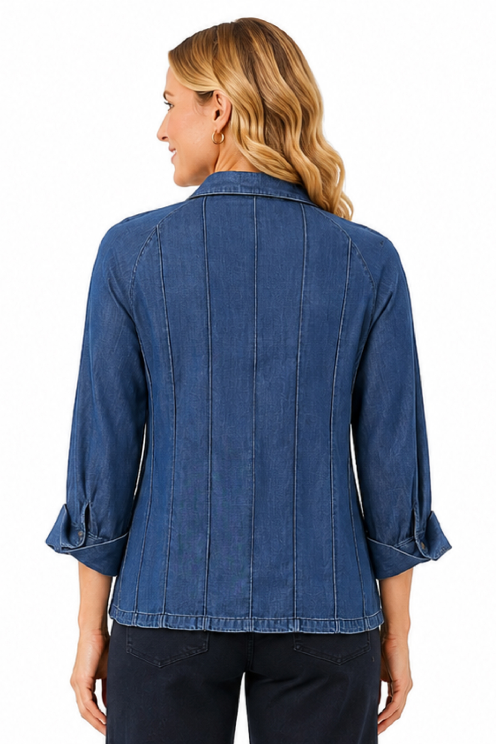 Medium Denim Woven Solid Wire Collar 3/4 Sleeve Popover w/ Pintuck Detail - Missy