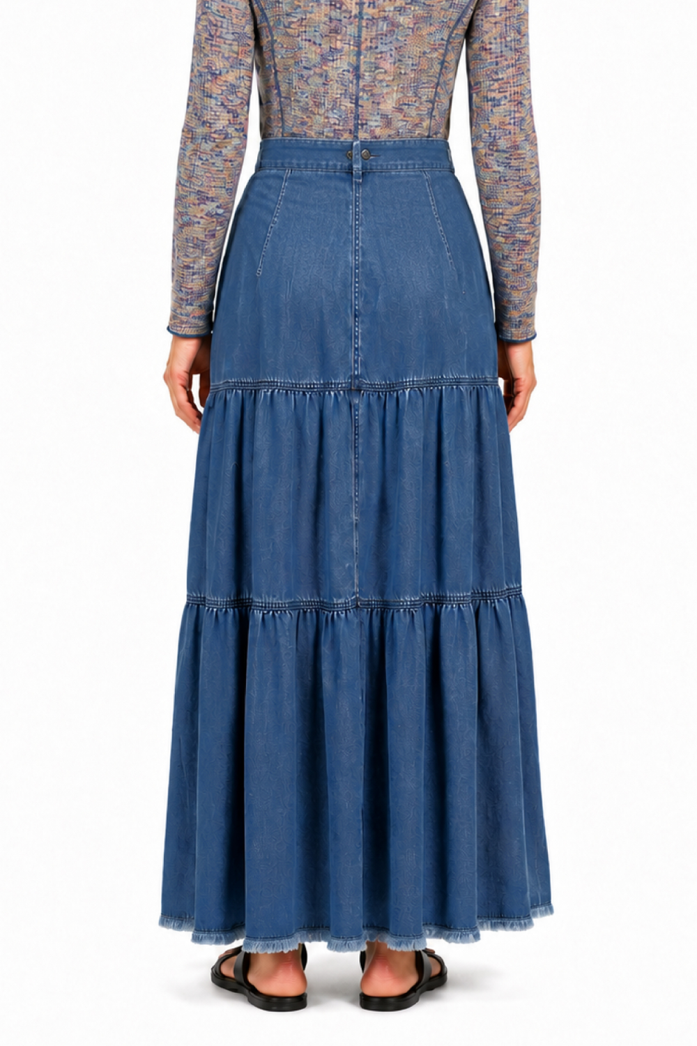 Denim Woven Denim Button Front Tiered Skirt w/ Elastic Back - Missy