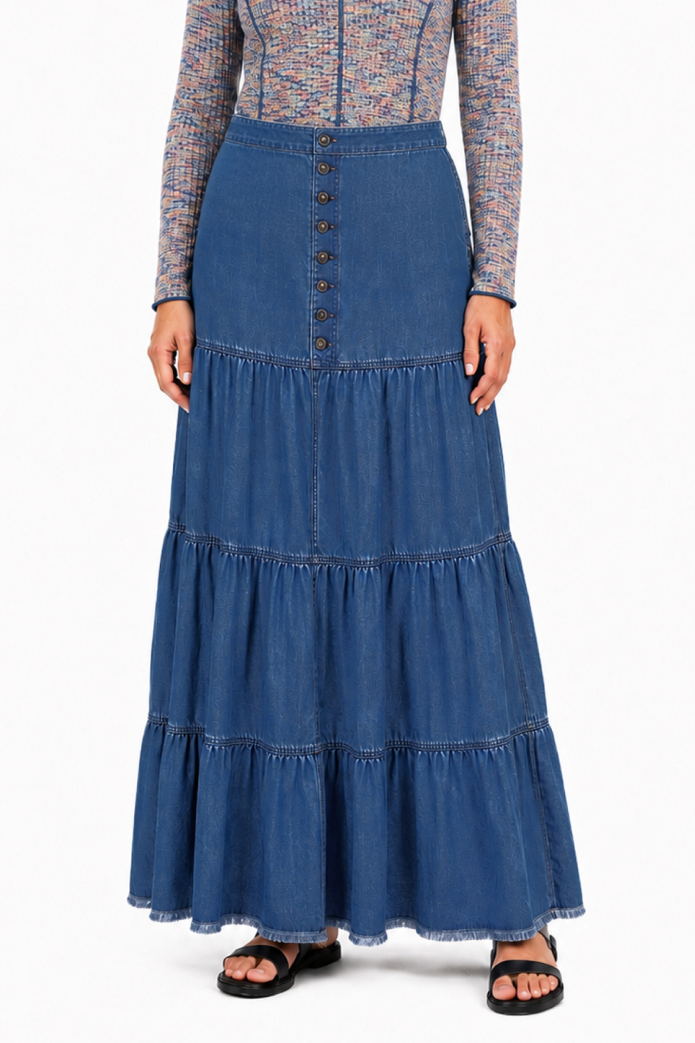 Denim Woven Denim Button Front Tiered Skirt w/ Elastic Back - Missy