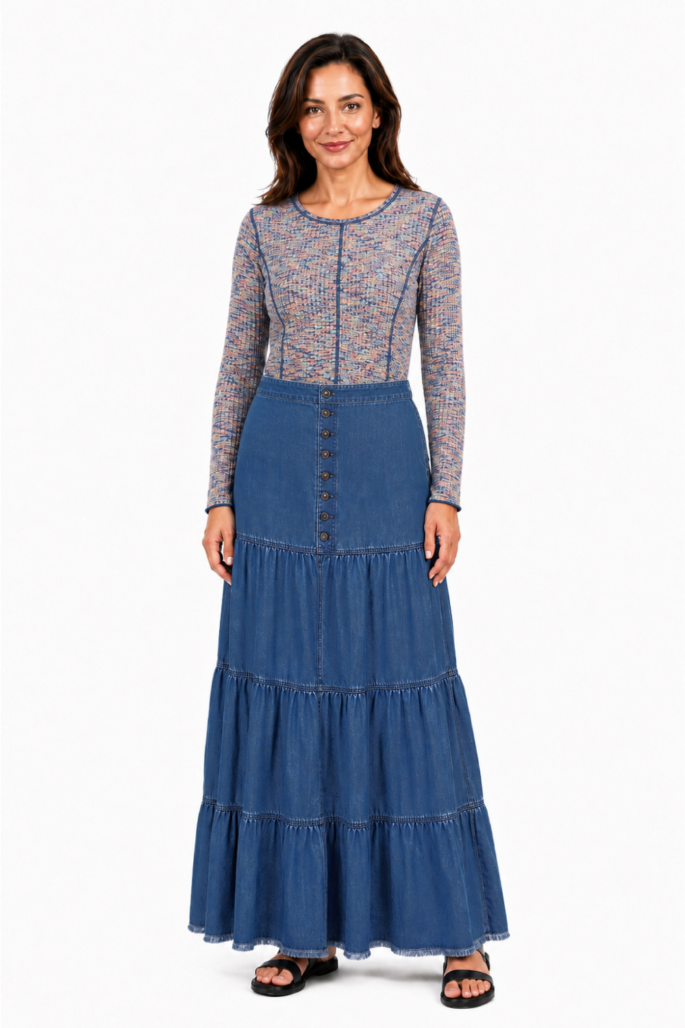 Denim Woven Denim Button Front Tiered Skirt w/ Elastic Back - Missy
