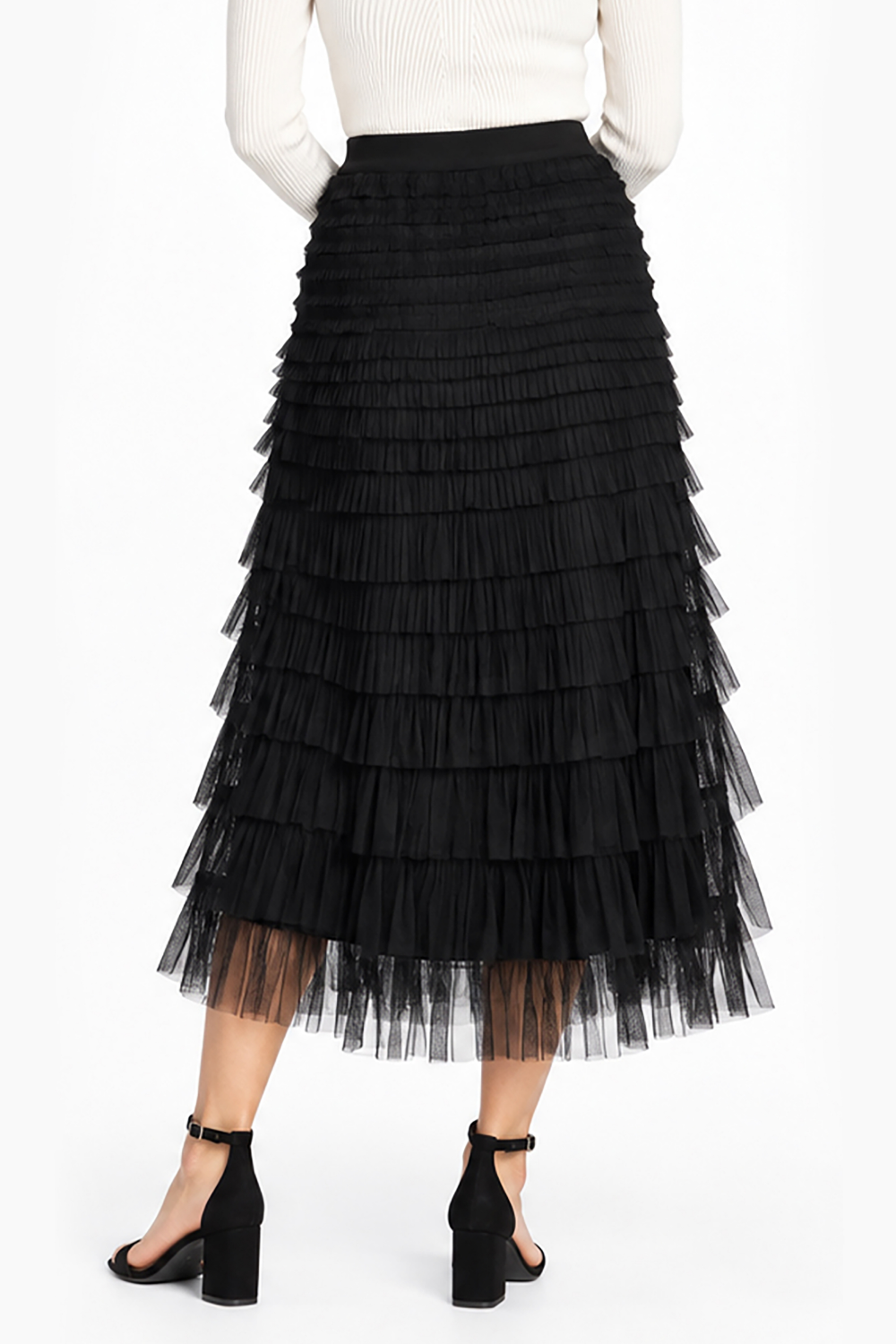 Black Knitted Tulle Pull-On Tiered Skirt - Missy