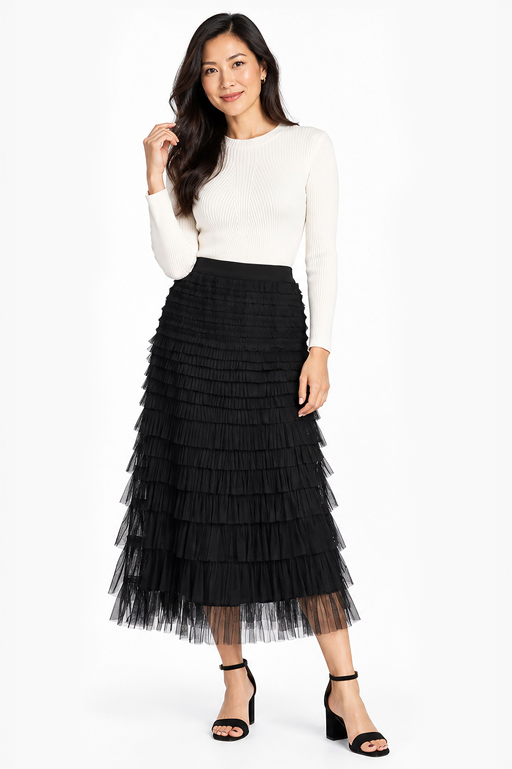 Black Knitted Tulle Pull-On Tiered Skirt - Missy