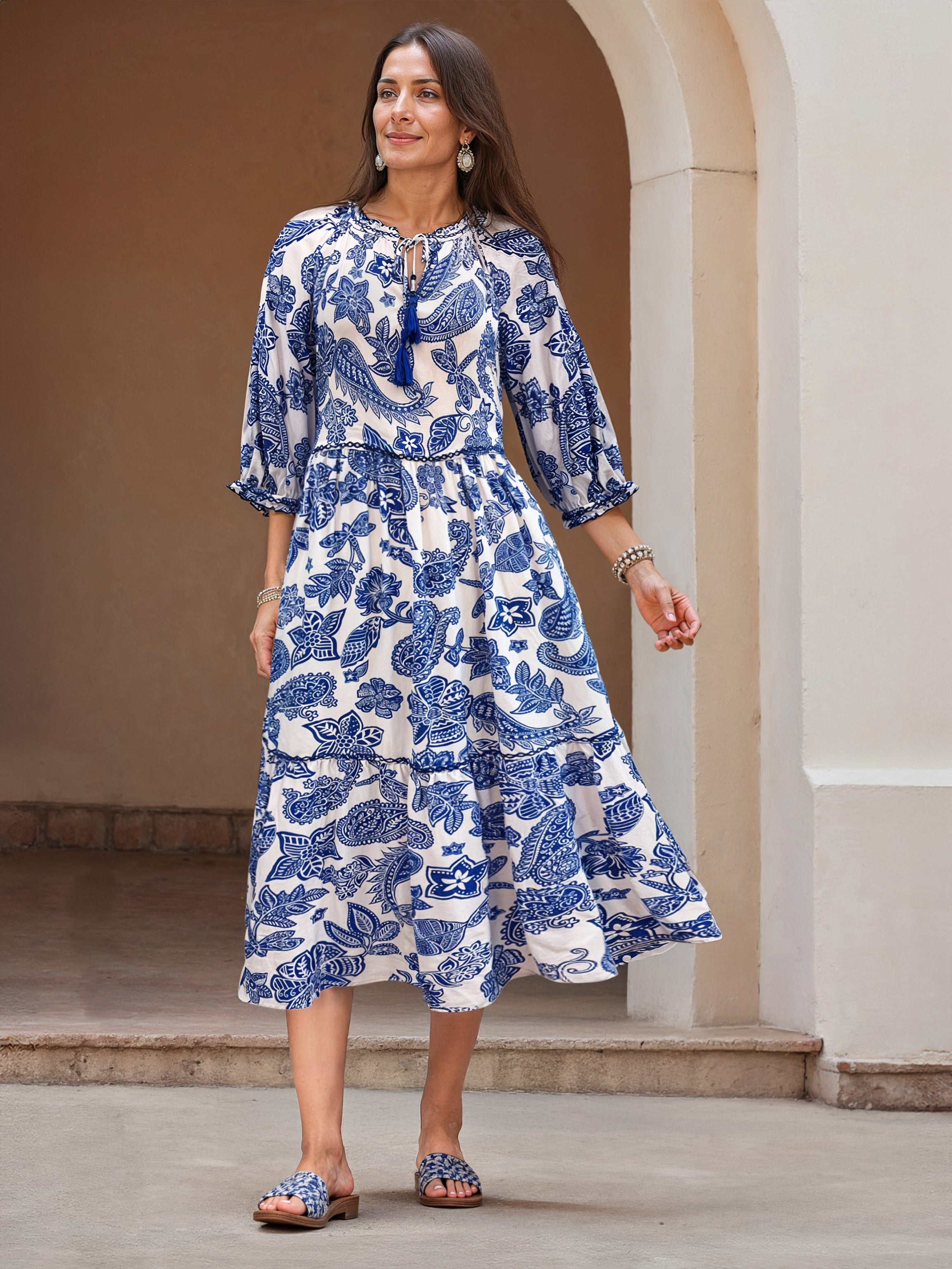 Printed Tiered Dress - Blue Print