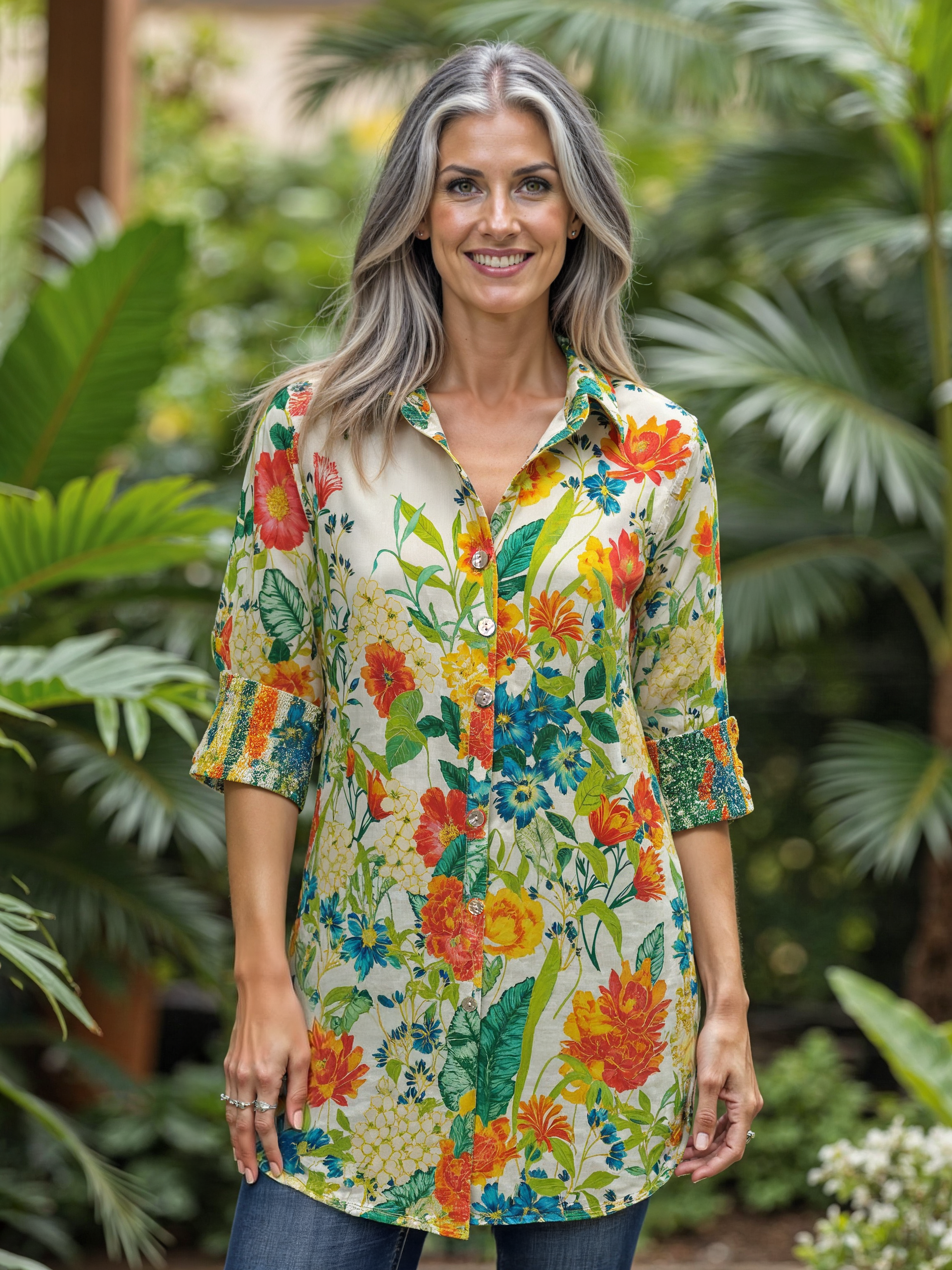 Print Tunic with Shirred Cuff Sleeves - Floral Multi