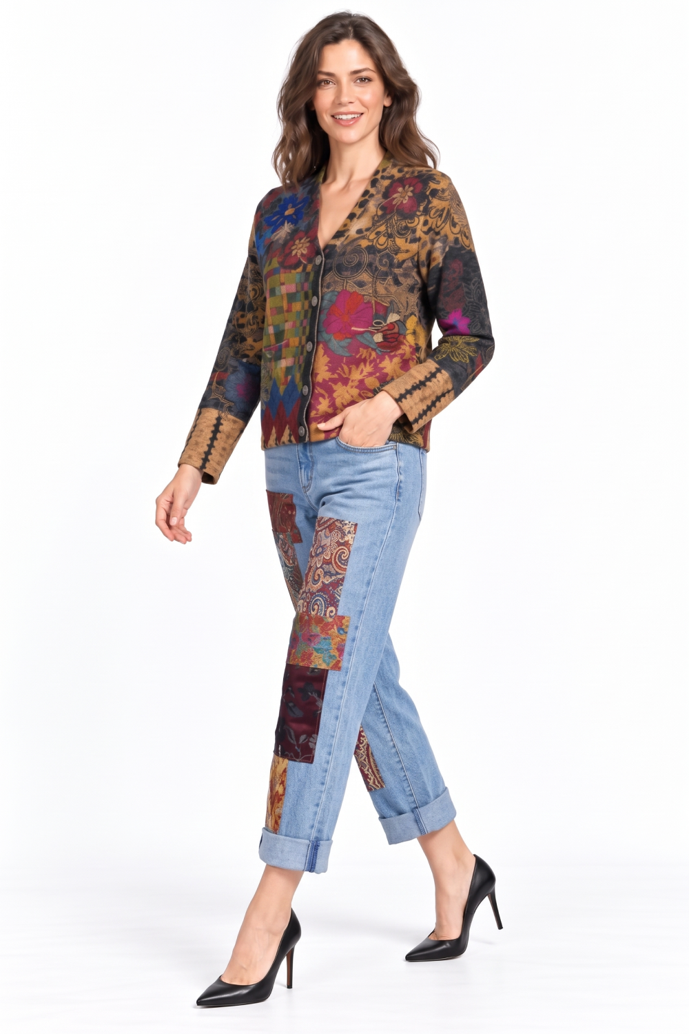 Multi Mixed Print Cardigan & Patchwork Jean Set