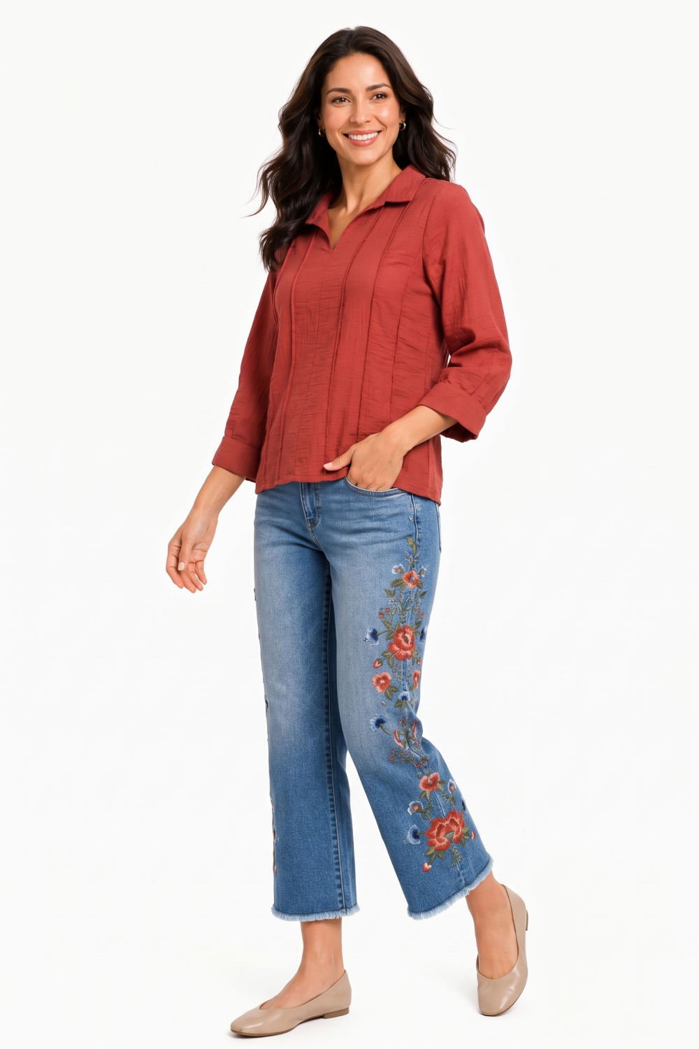 Rustic Orange Popover & Embroidered Denim Jean Outfit