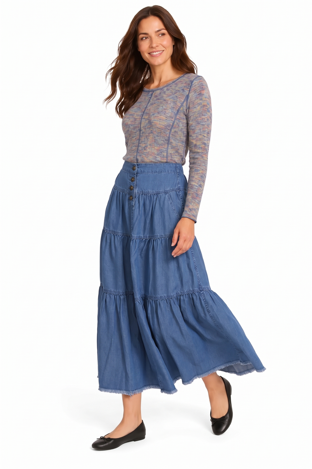 The Space-Dyed Knit Top & Denim Tiered Skirt Bundle