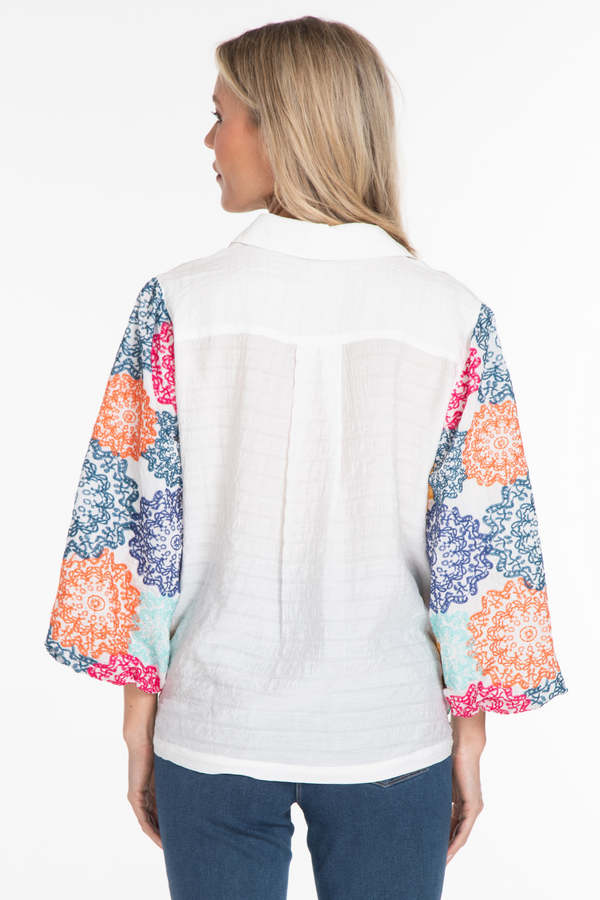 Embroidered Bubble Sleeve Tunic - White