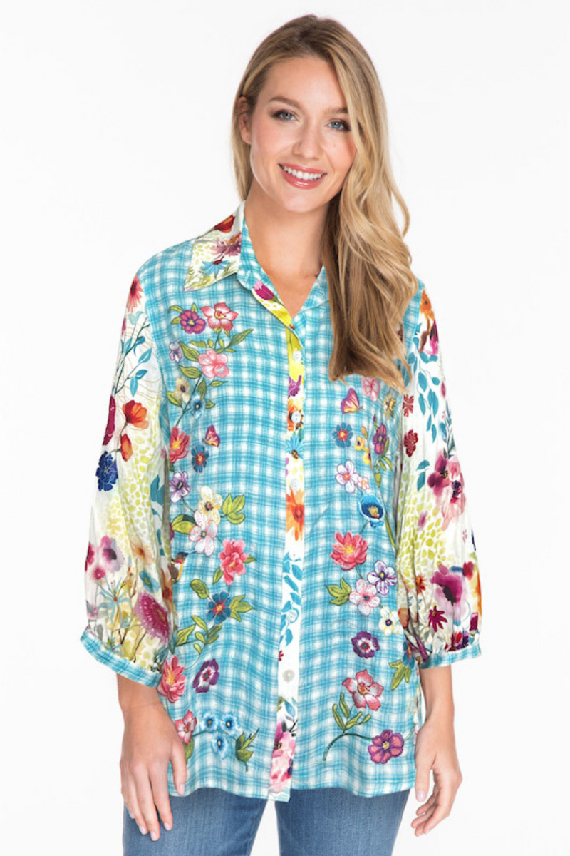 Plaid Embroidered Button Front Tunic - Petite - Floral Multi