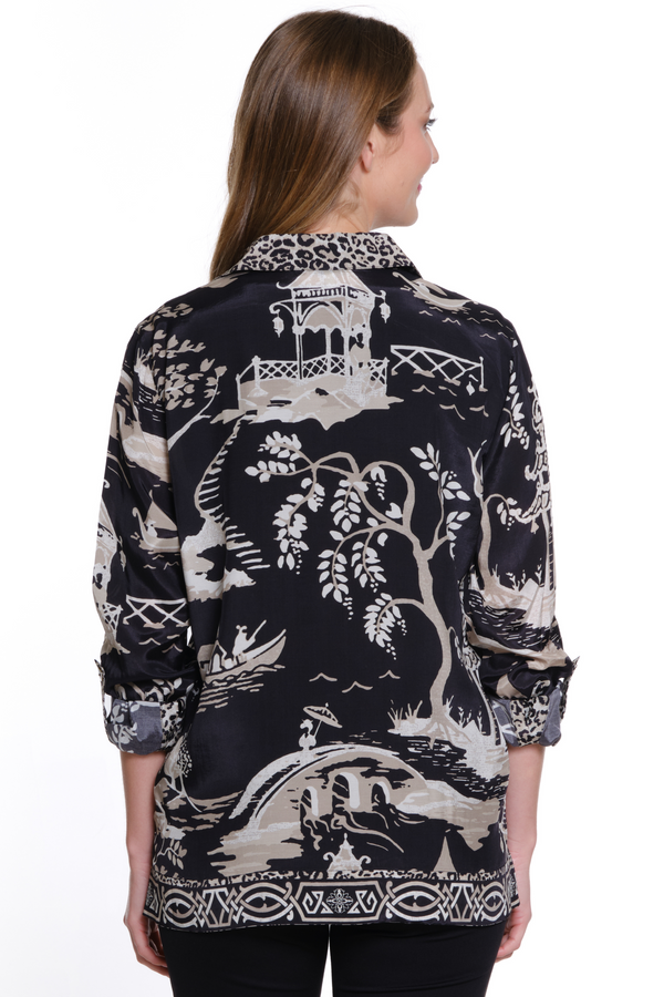 Printed Button Front Top with Roll Tab Sleeves - Black/Winter White