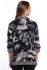 Printed Button Front Top Tunic - Petite - Black/Winter White