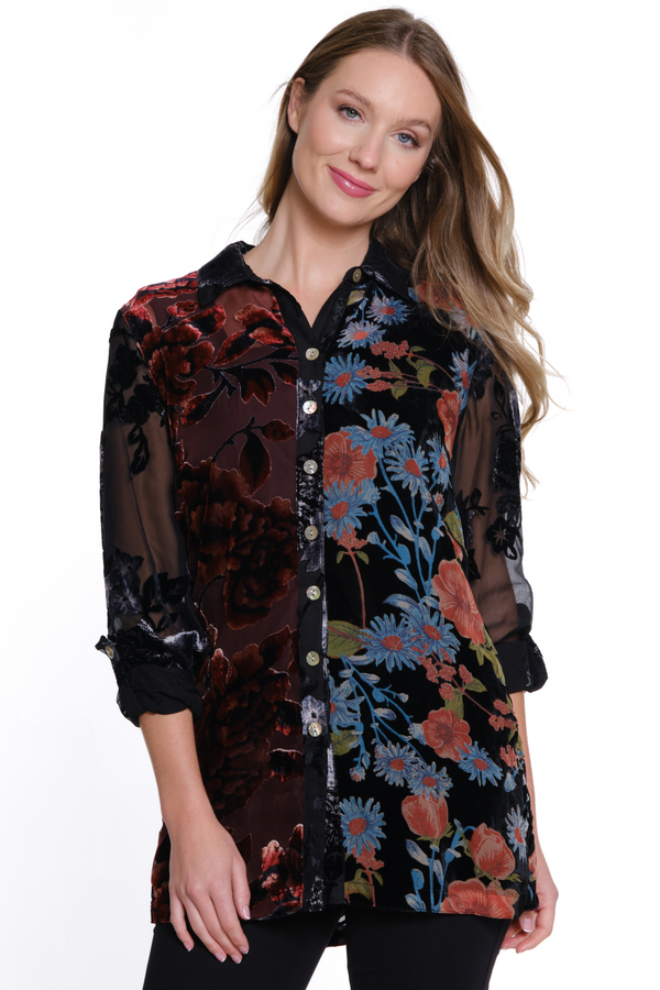 Multi Burnout Velvet Button Front Tunic - Women's - Multi