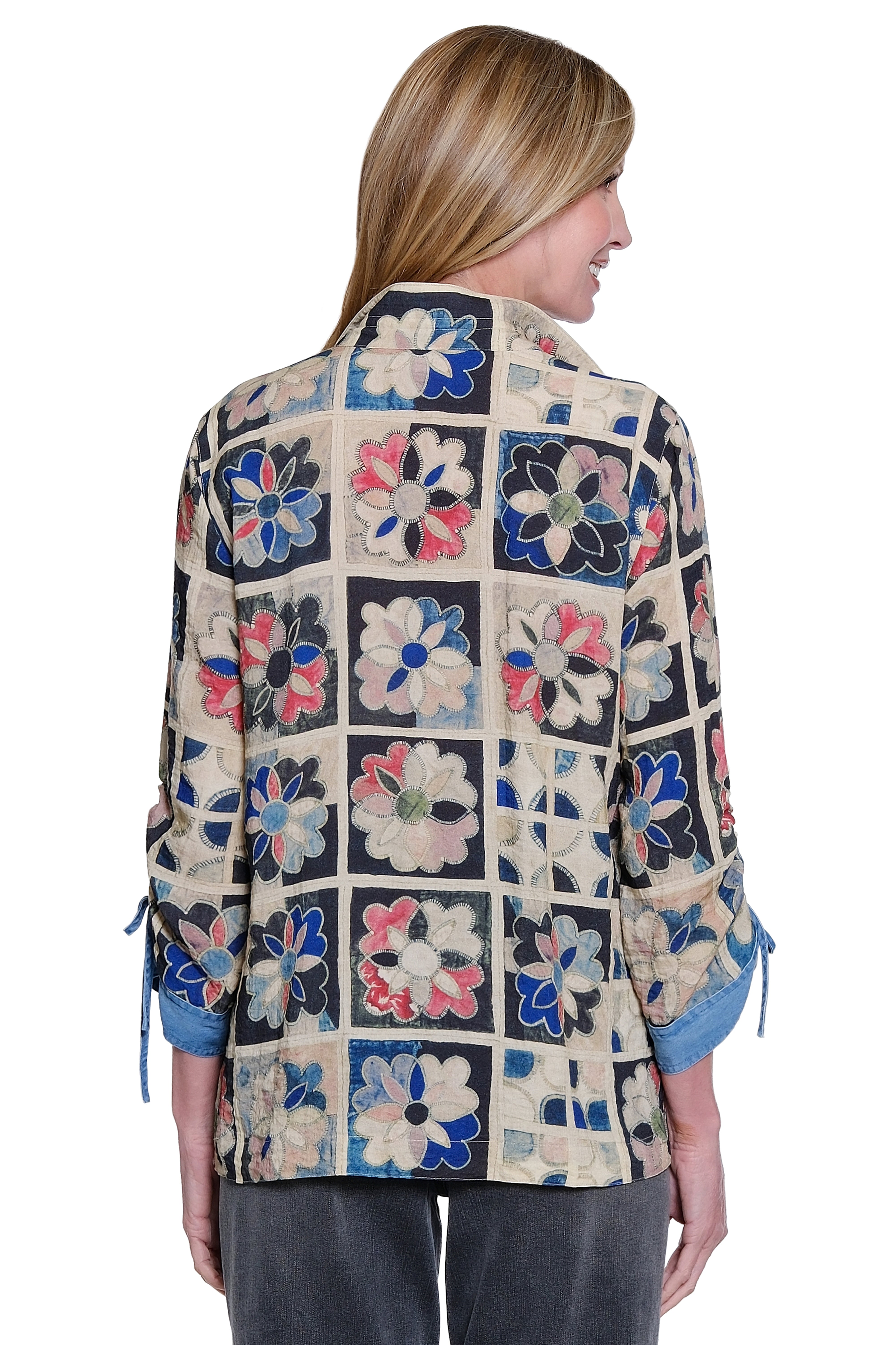 Mix Print 3/4 Sleeve Cinch Popover with Button Placket - Patch Print - view 2