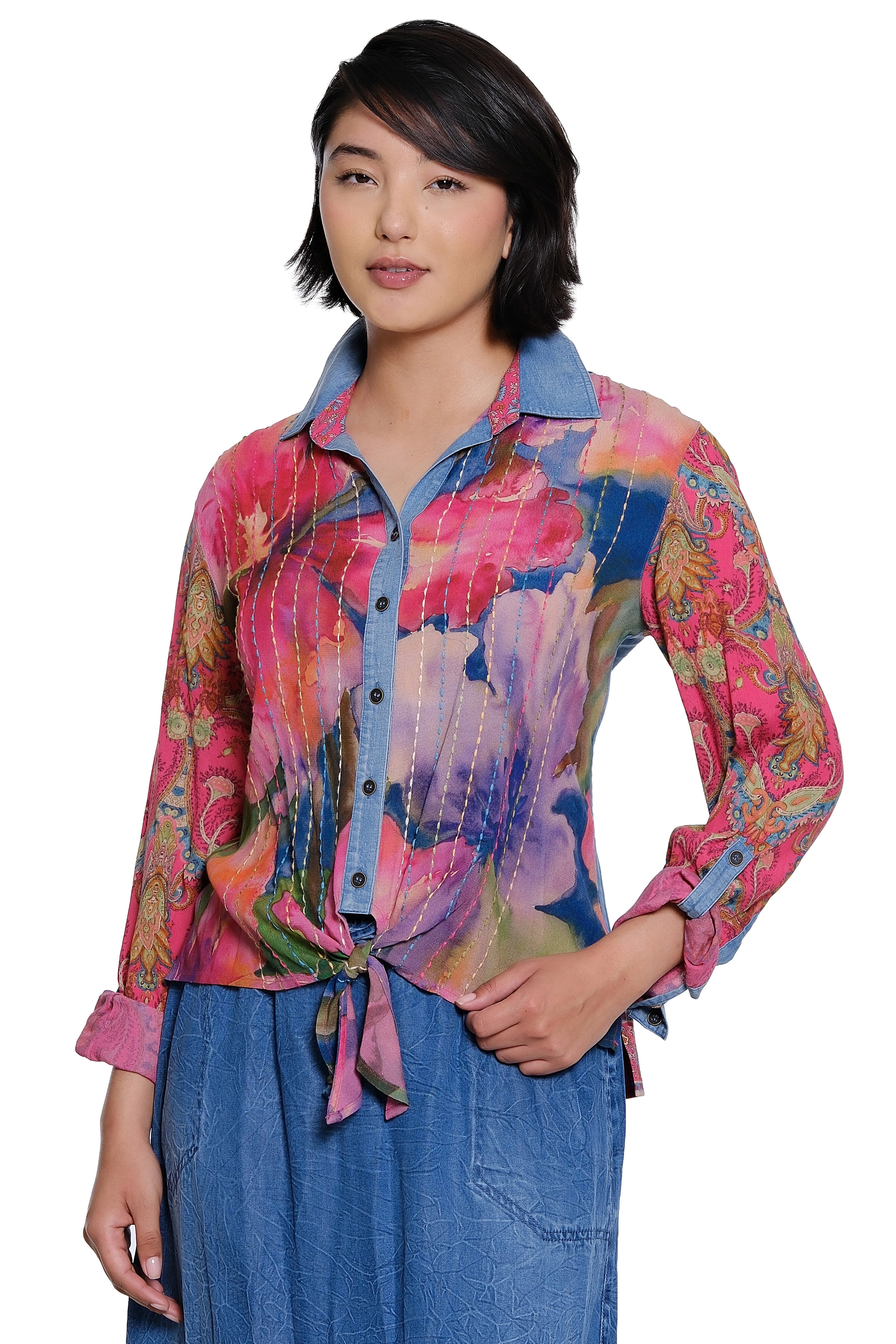 Mix Print Long Sleeve Cinch Sleeve Tie Front Blouse with Back Embroidery - Multi