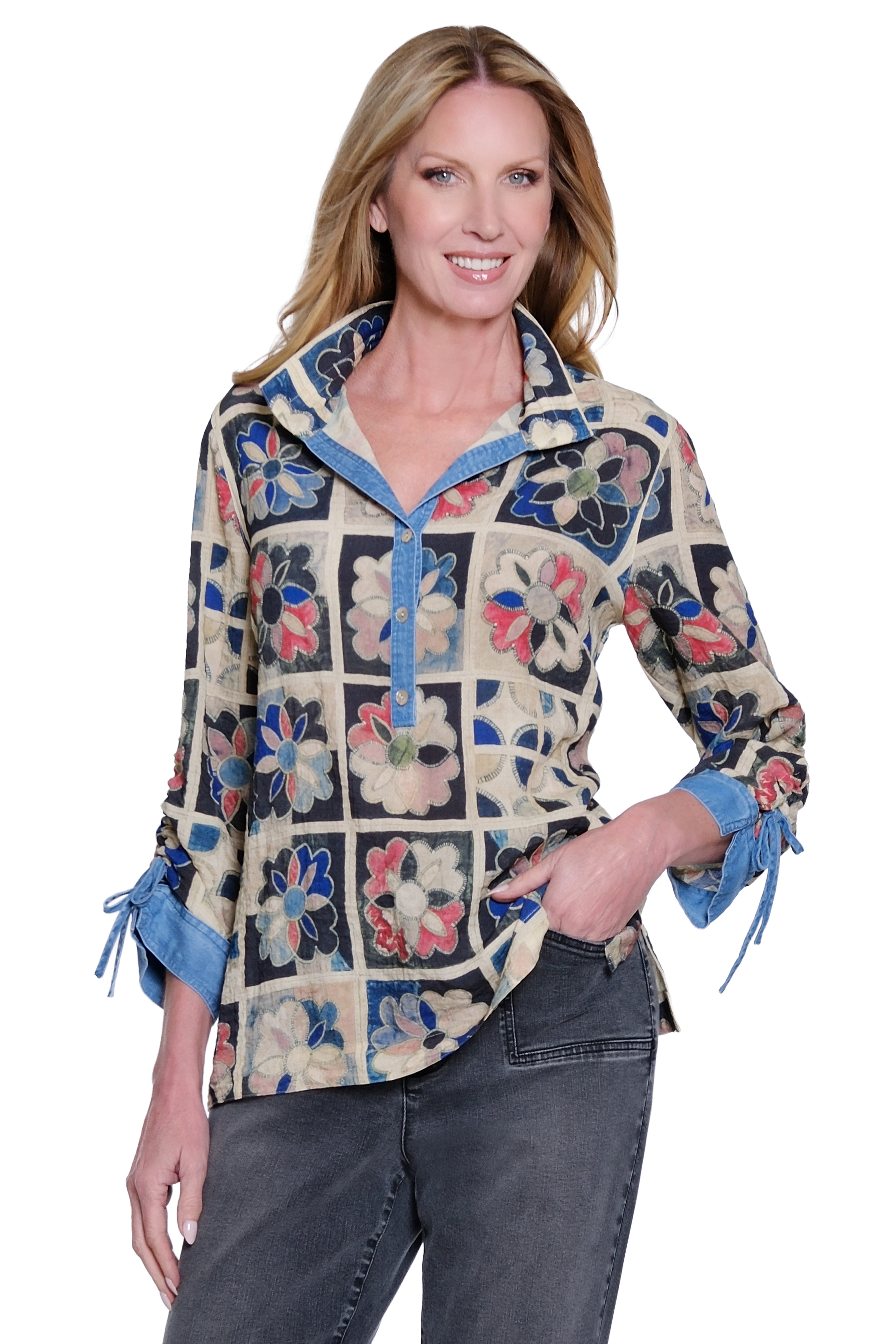 Mix Print 3/4 Sleeve Cinch Popover with Button Placket - Patch Print