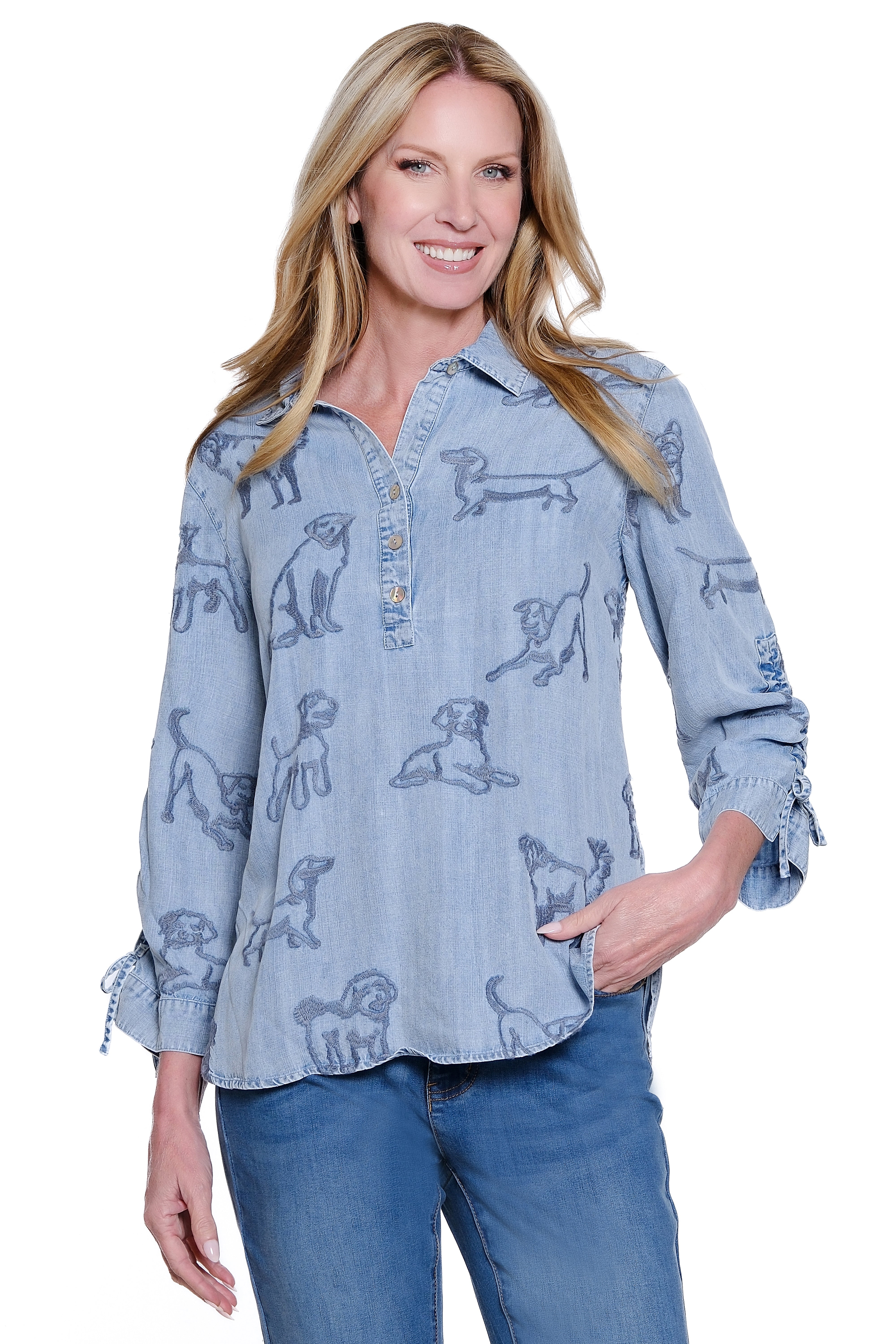 Embroidered Dog 3/4 Cinch Sleeve Tunic - Petite - Denim