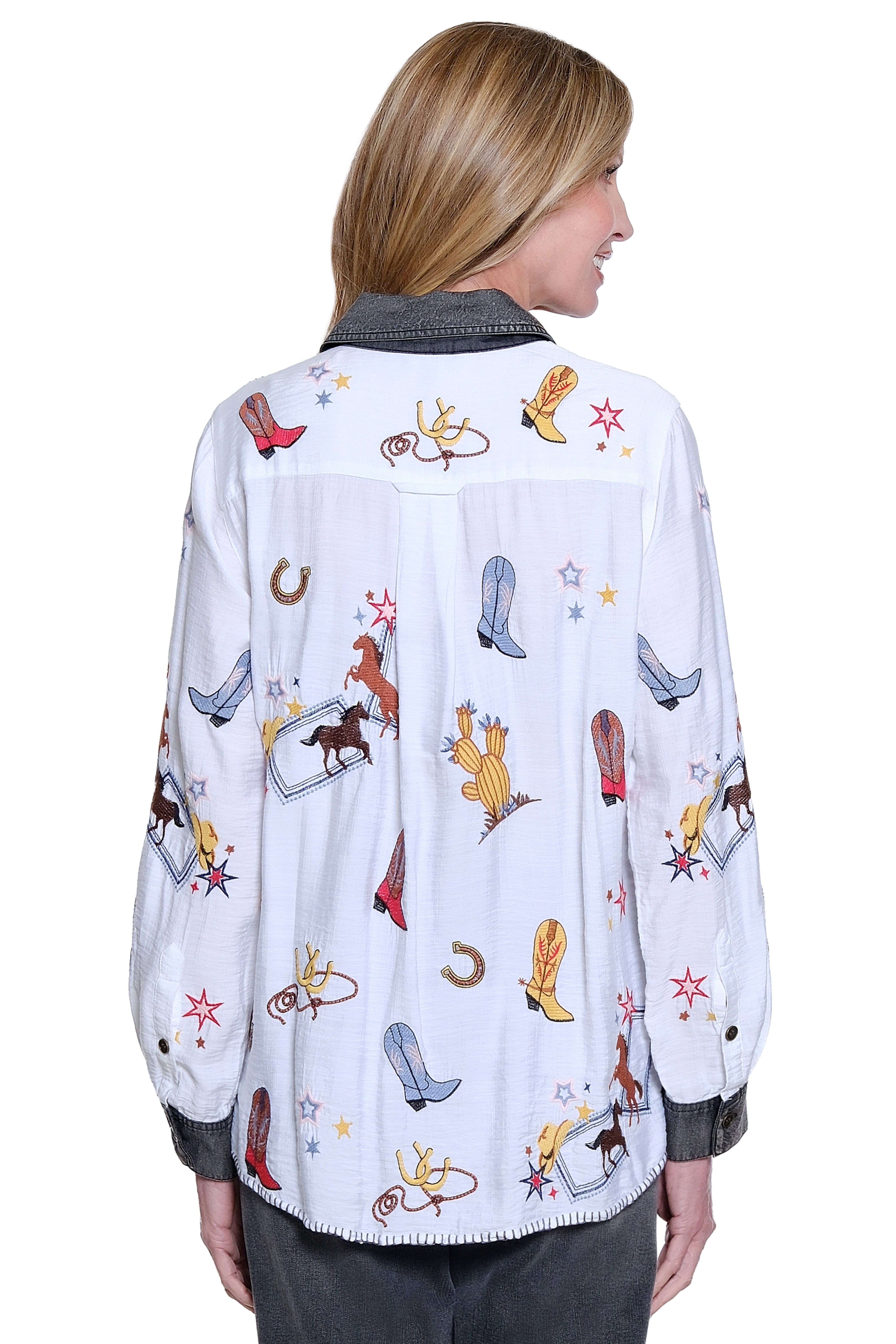 Embroidered Long Sleeve Snap Button Front Blouse - Cream - view 2