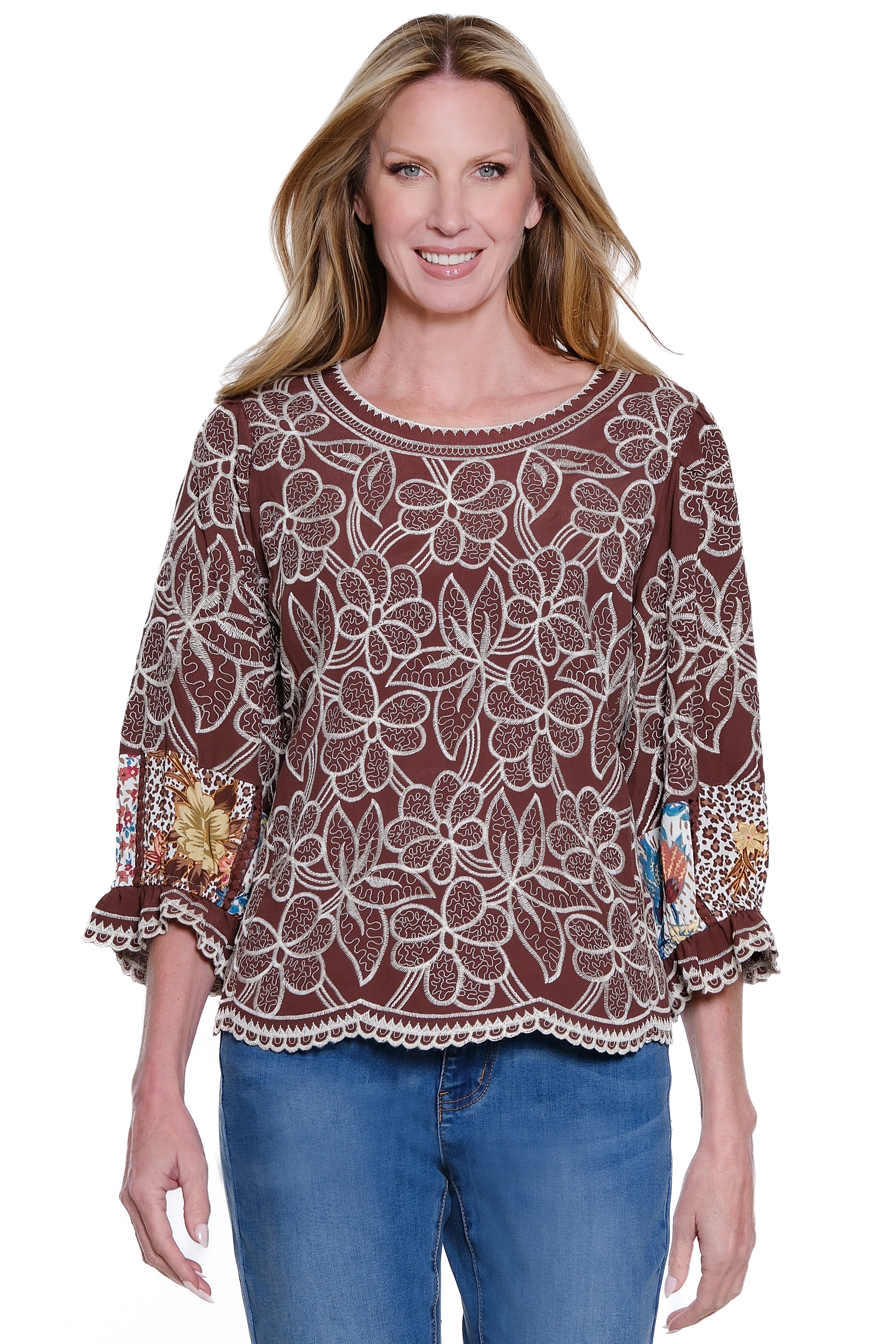 Embroidered 3/4 Sleeve Popover Top - Petite - Deep Brown