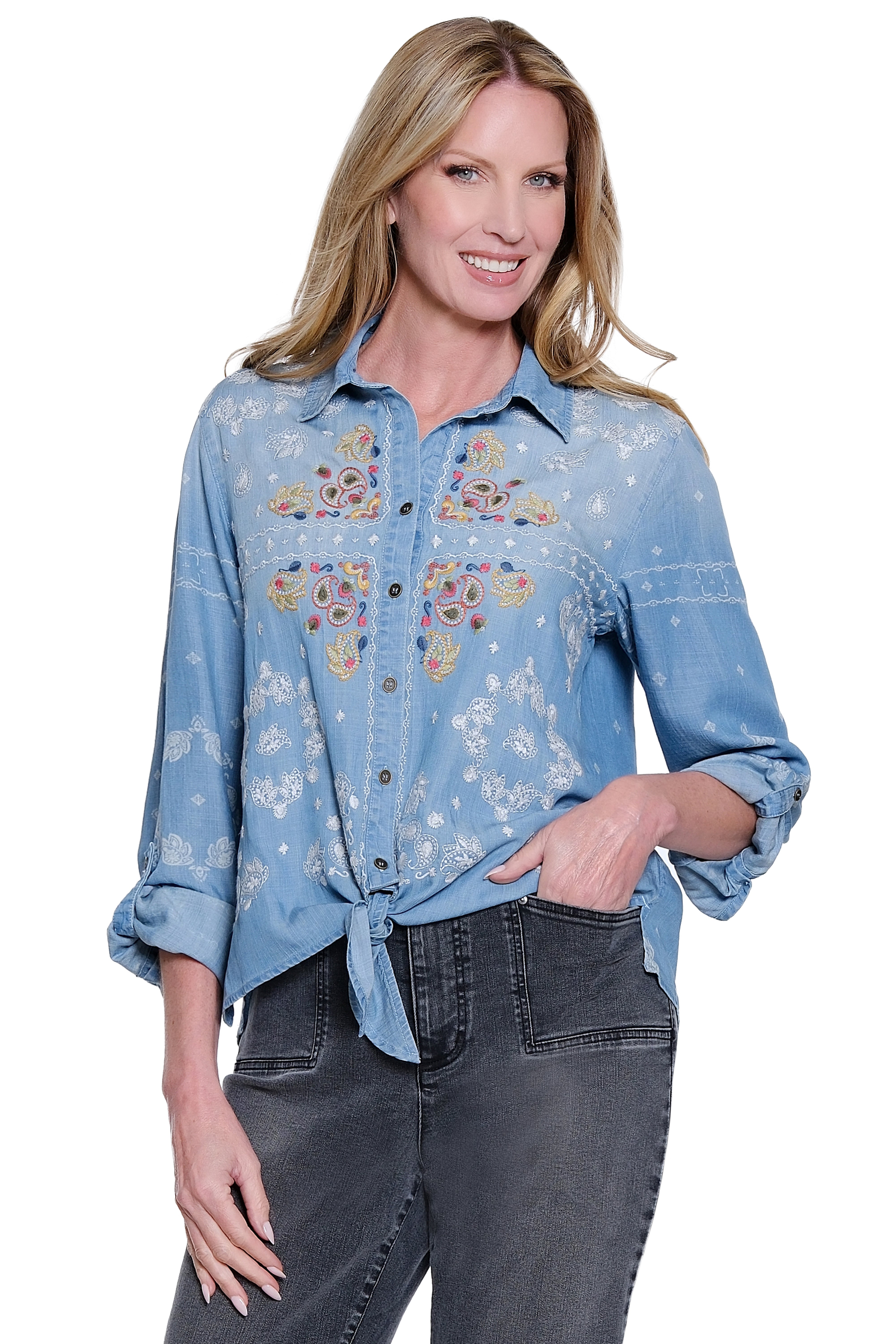 Embroidered Paisley Print Long Sleeve Roll Tab Button Down Tie Front Blouse - Paisley Multi
