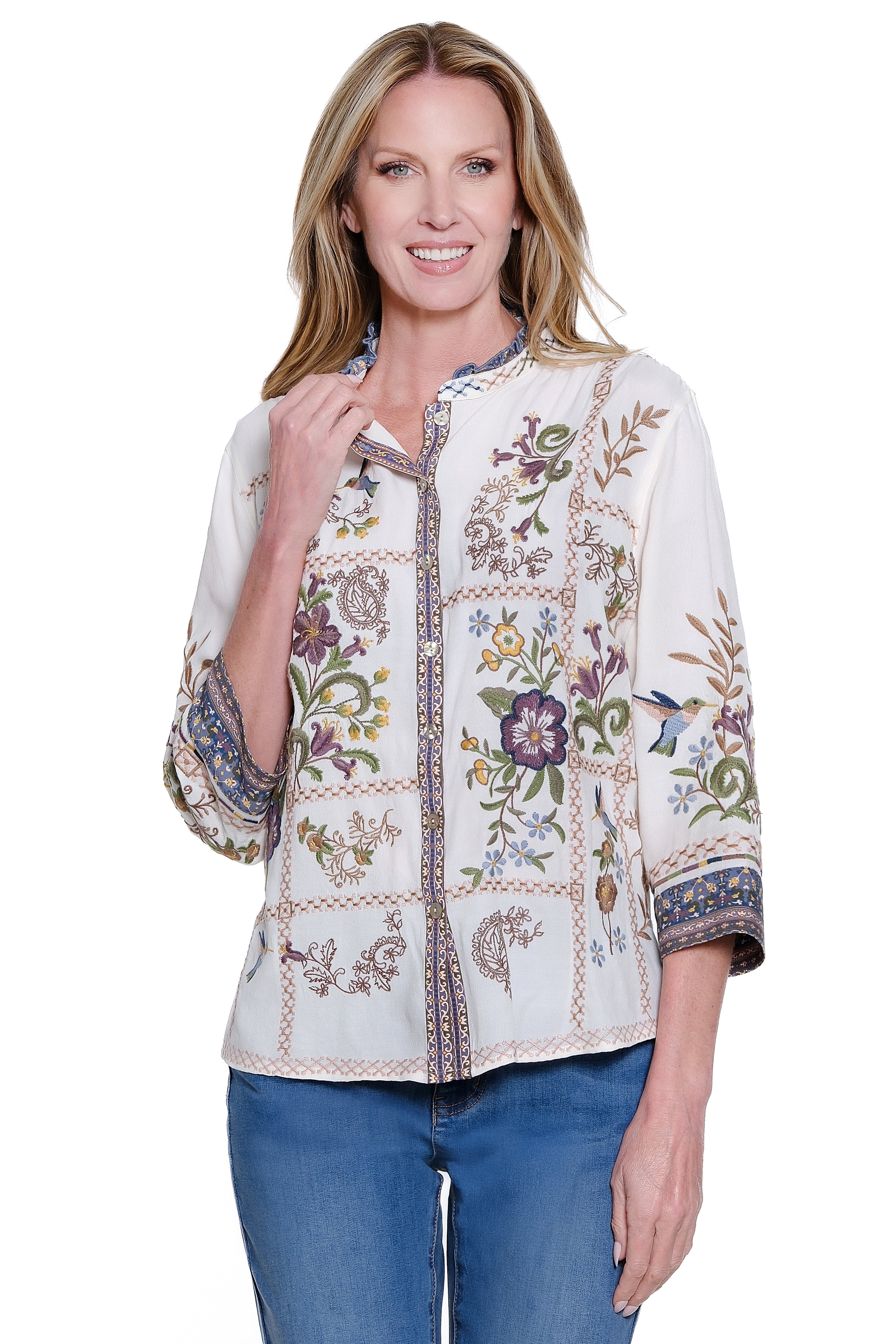 Embroidered 3/4 Sleeve Button Down Blouse with Ruffle Neck - Petite - White Blue