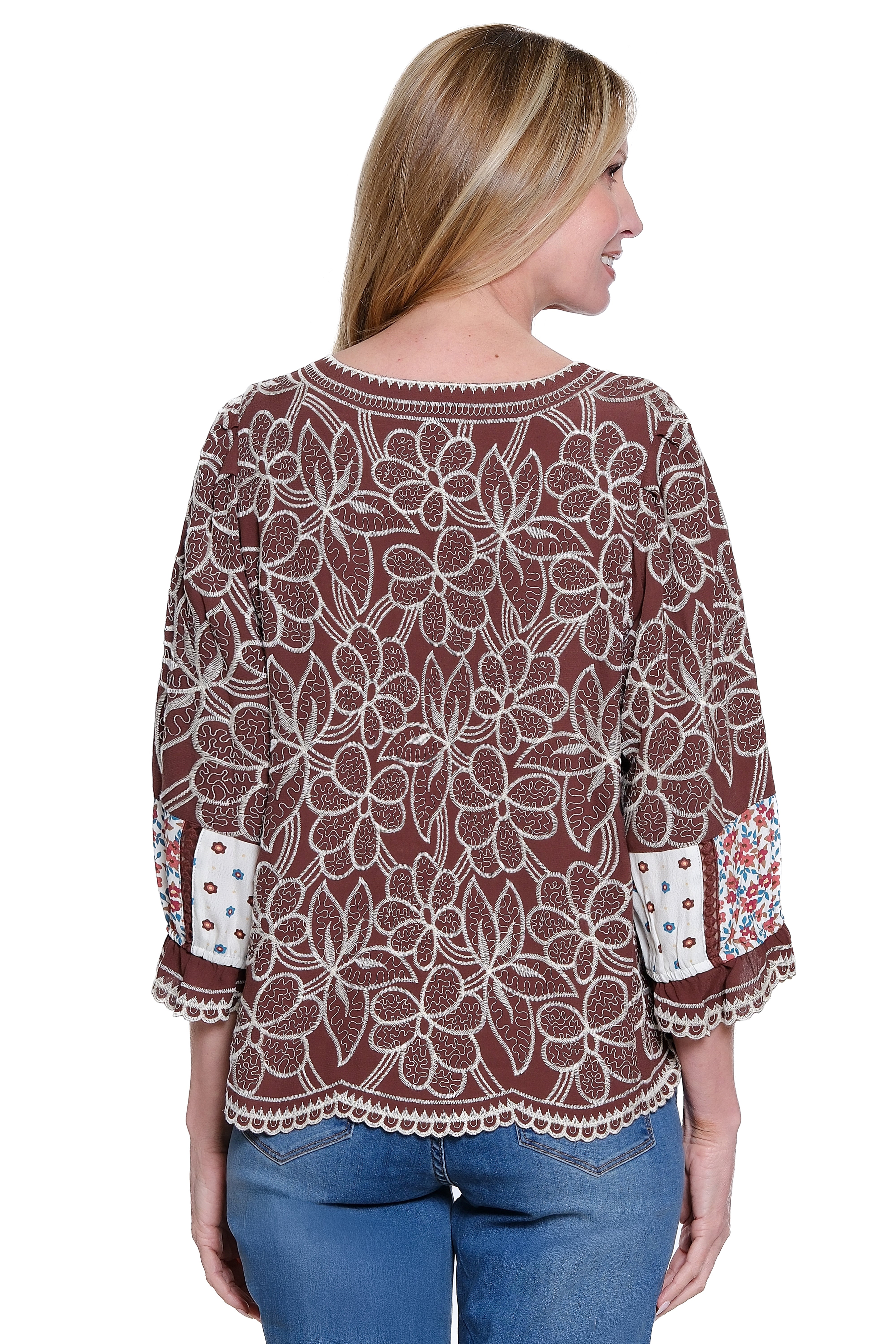 Embroidered 3/4 Sleeve Popover Top - Petite - Deep Brown - view 2
