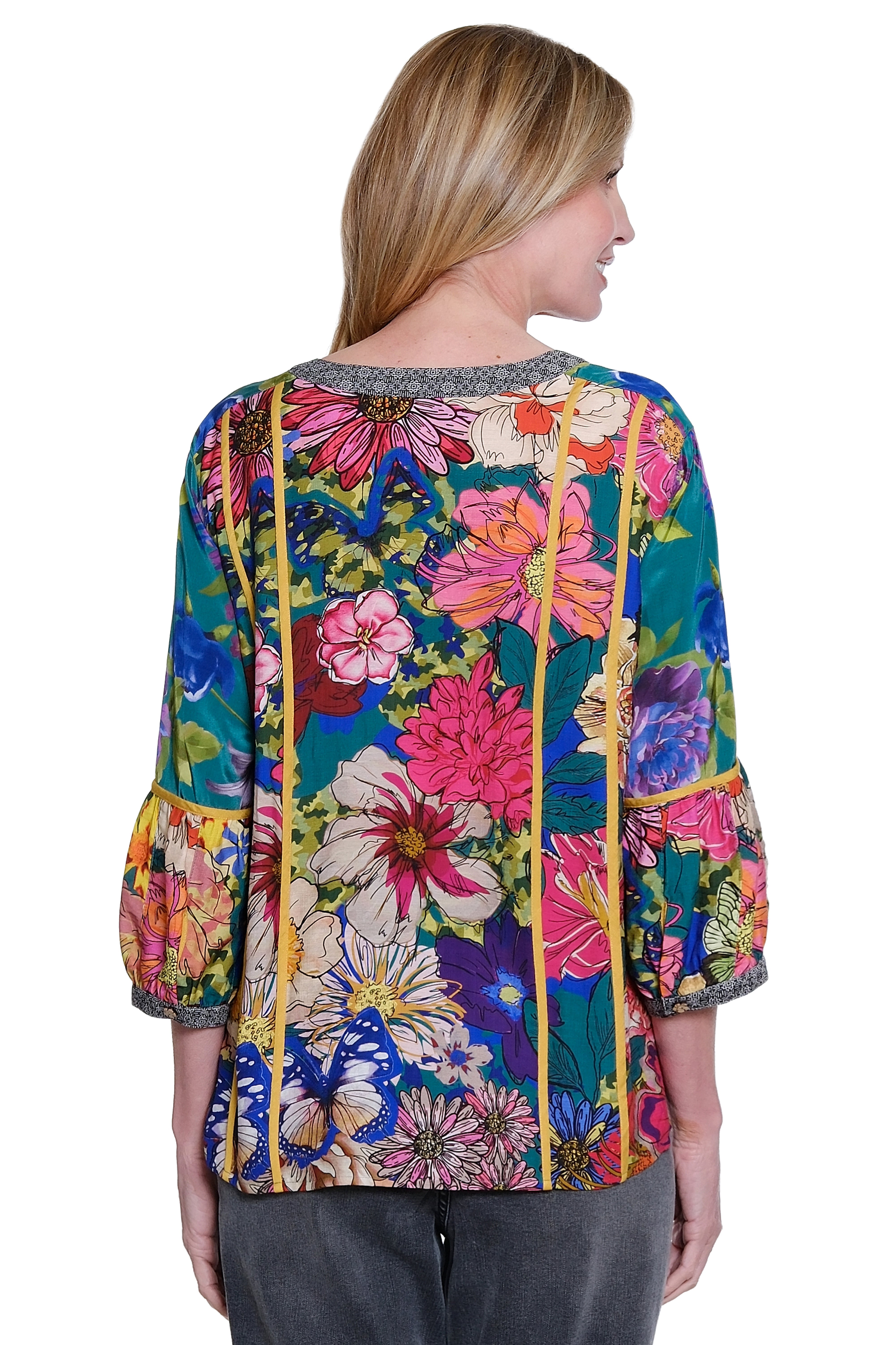 Mix Print 3/4 Sleeve Button Down Blouse - Plus - Floral Multi - view 2