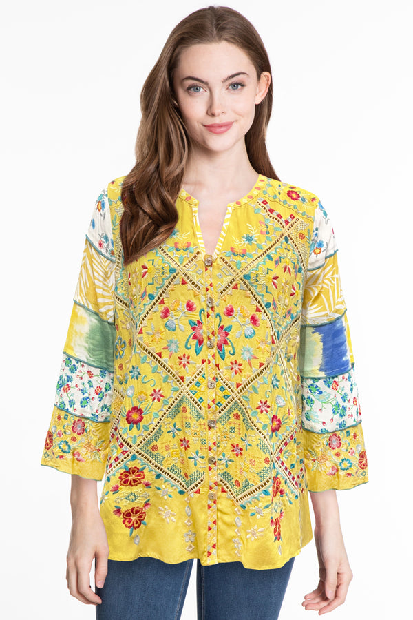 Y Neck Embroidered Tunic - Patch Multi